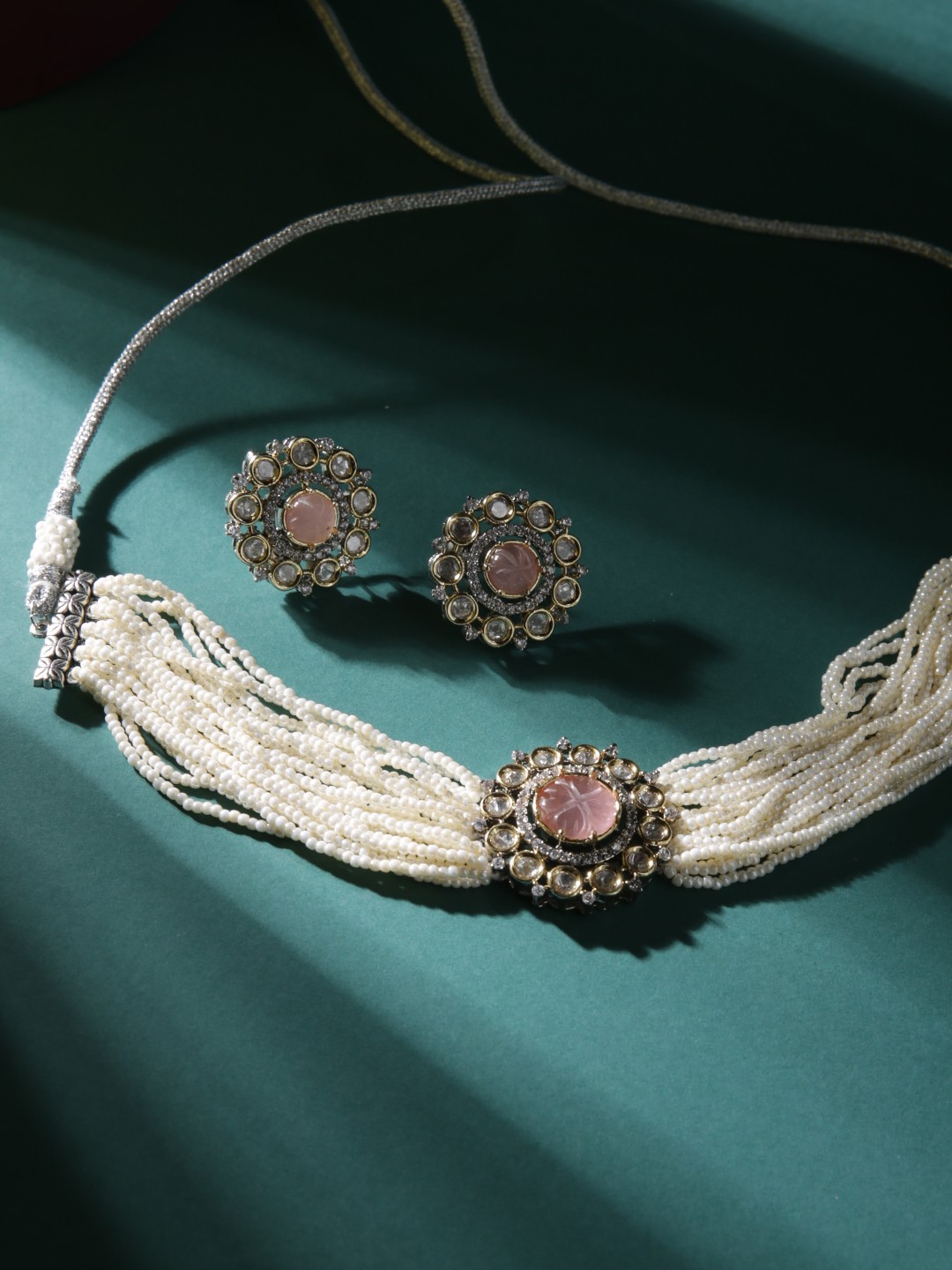 

justpeachy Rhodium-Plated Artificial Stone-Studded & Beaded Jewellery Set, Silver