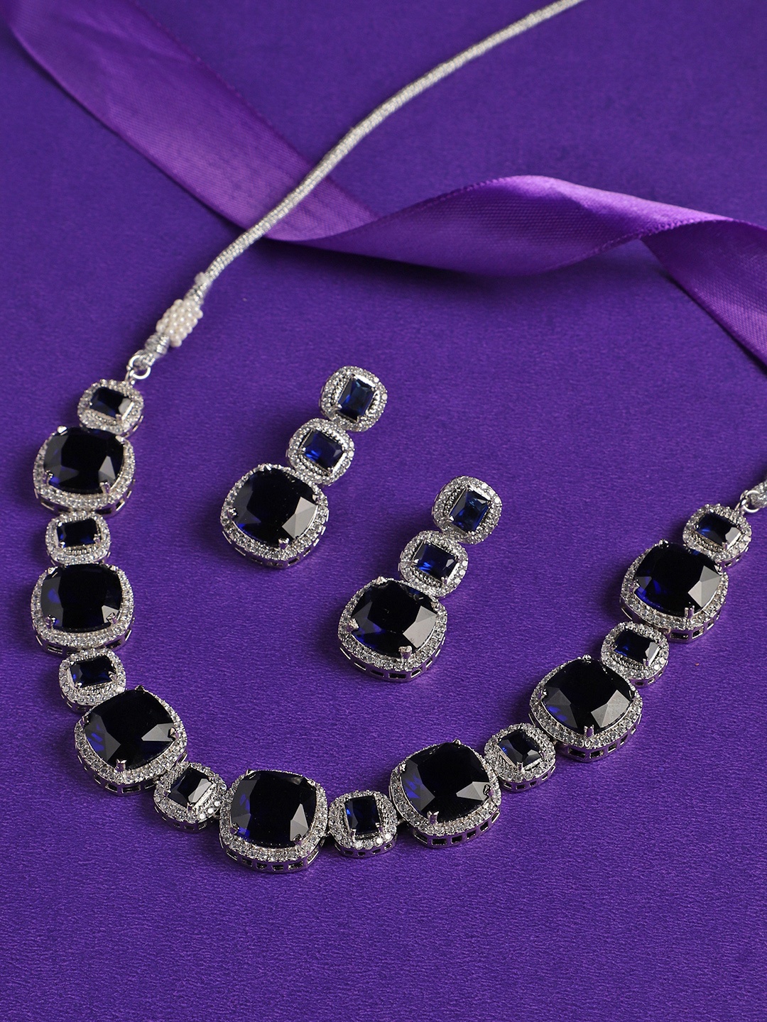 

justpeachy Rhodium Plated Stone Studded Necklace with Earrings, Blue