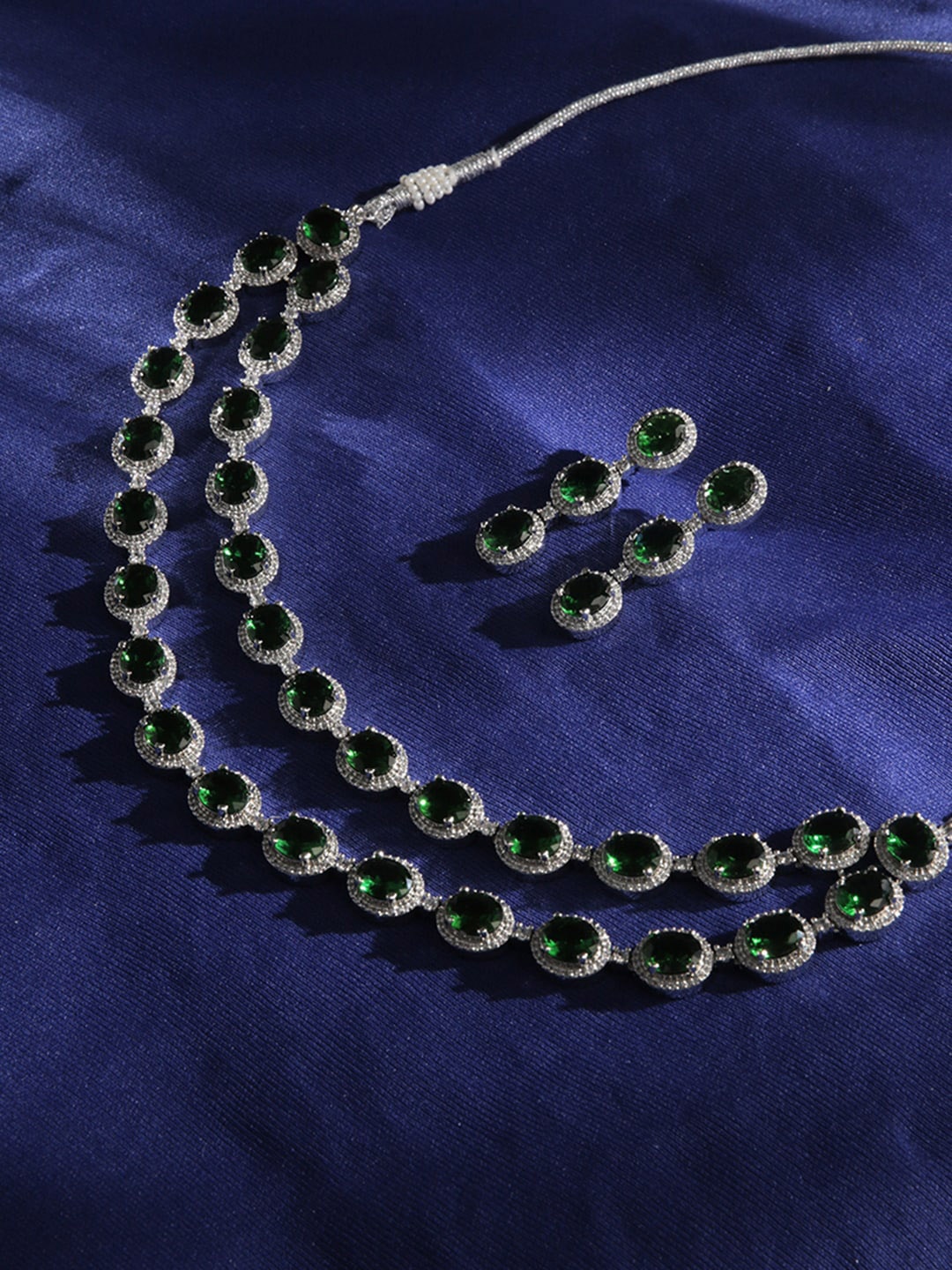 

justpeachy Rhodium-Plated Studded Layered Necklace With Drop Earrings, Green