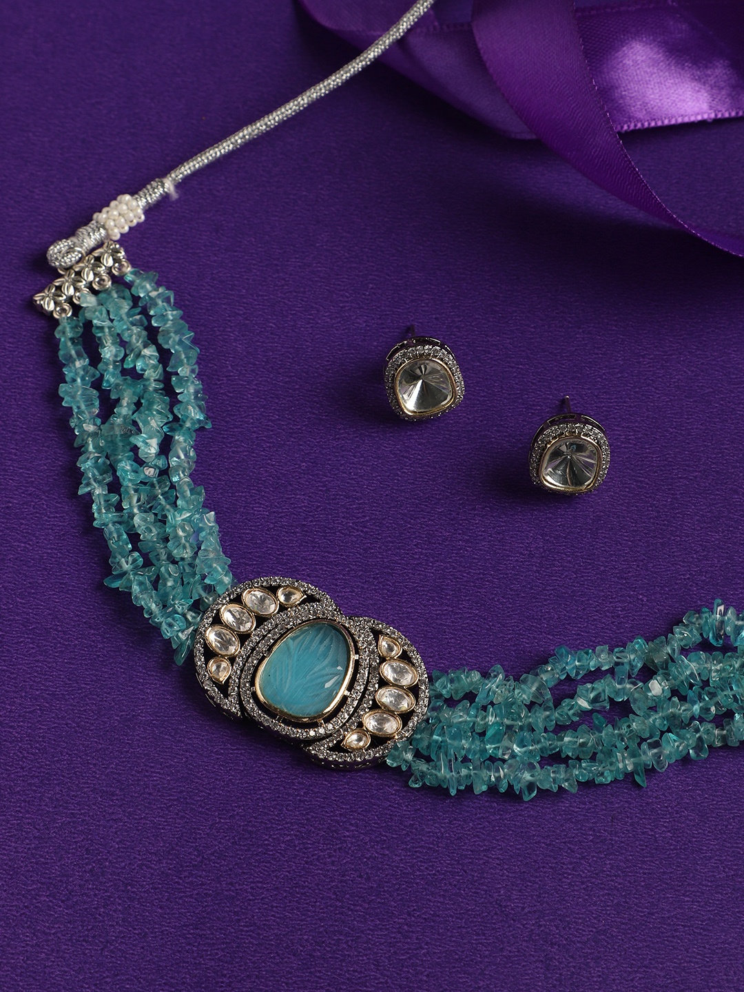 

justpeachy Rhodium-Plated Stone Studed & Beaded Jewellery Set, Teal