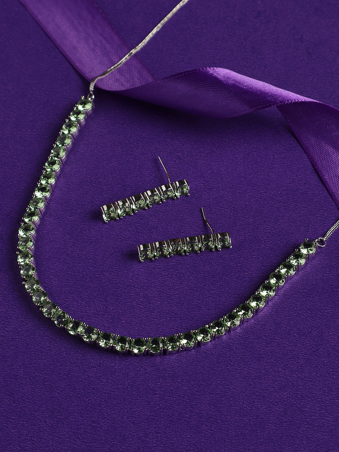 

justpeachy Rhodium-Plated AD-Studded Jewellery Set, Silver