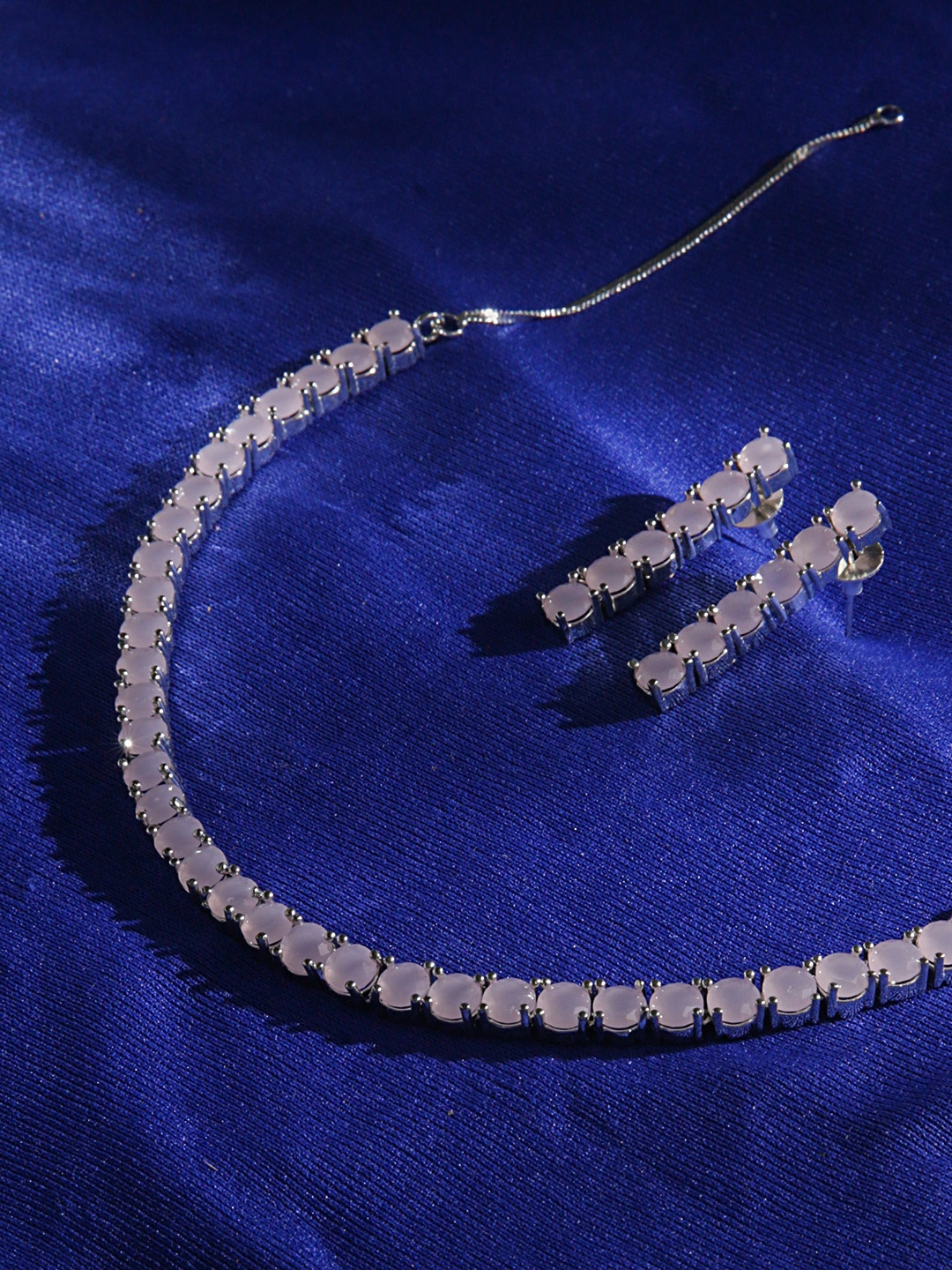

justpeachy Rhodium-Plated American Diamond Studded Jewellery Set, Pink