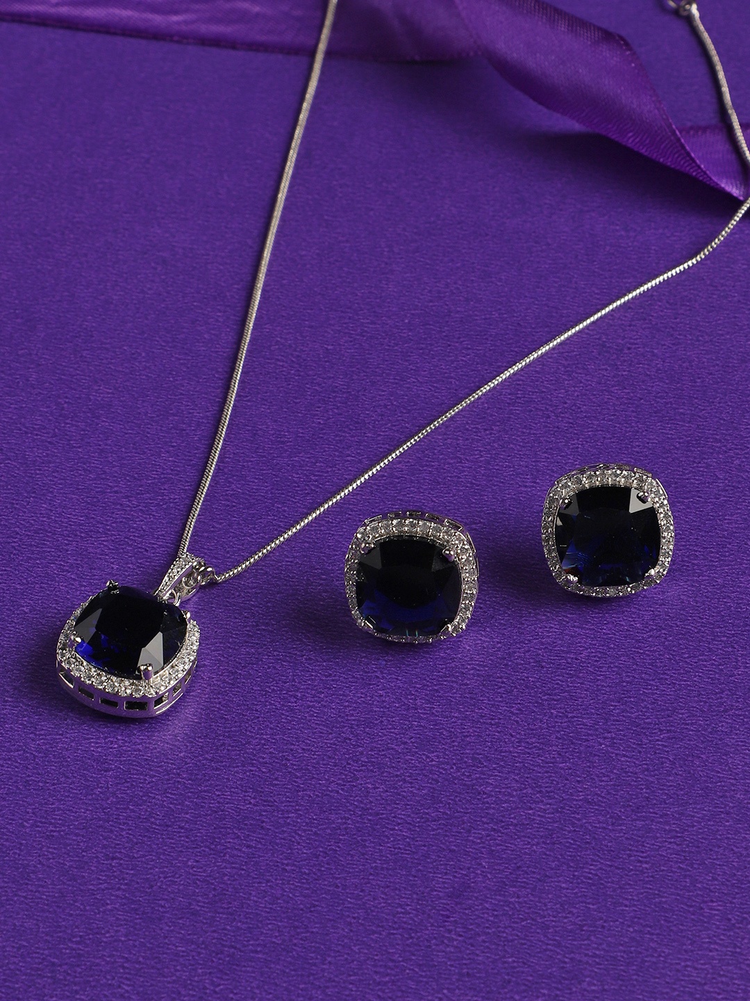 

justpeachy Rhodium-Plated CZ-Studded Pendant With Earrings, Silver