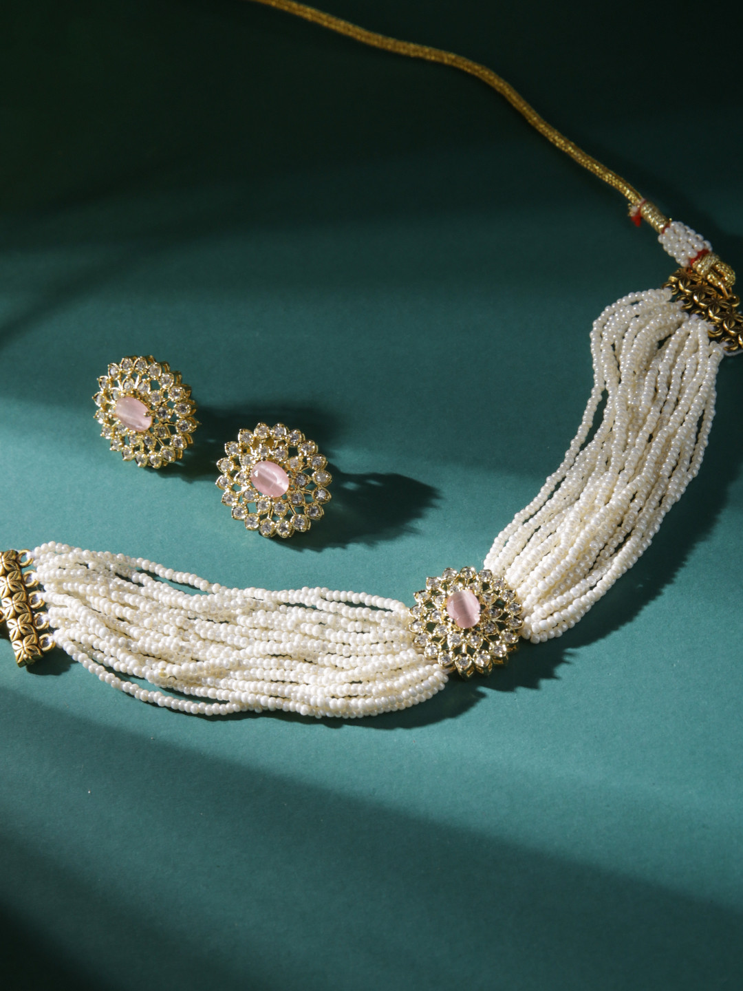 

justpeachy Gold-Plated Stone Studded & Beaded Jewellery Set