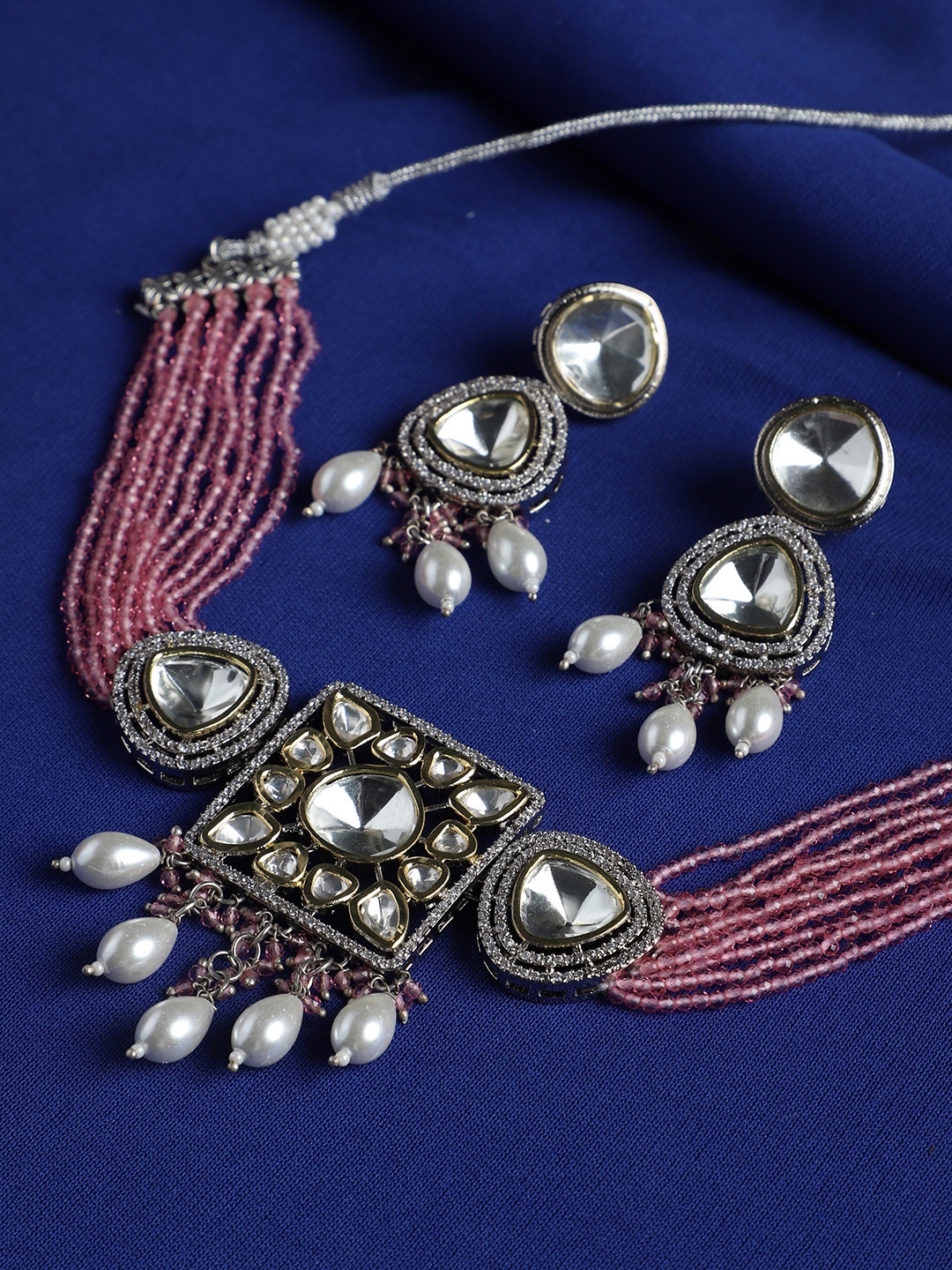 

justpeachy Rhodium-Plated Kundan Studded & Beaded Jewellery Set, Silver