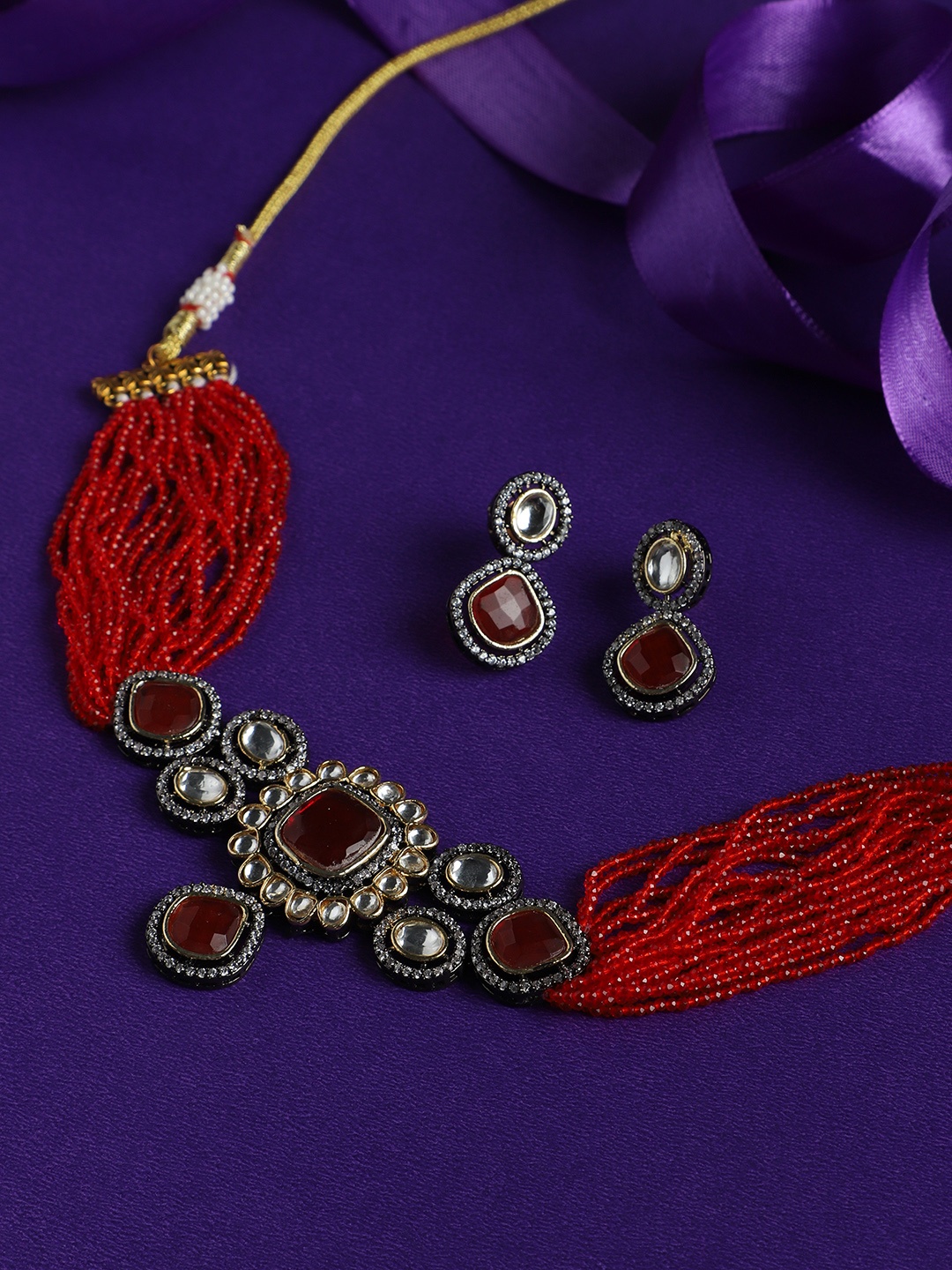 

justpeachy Rhodium-Plated Kundan Studded & Beaded Jewellery Set, Silver