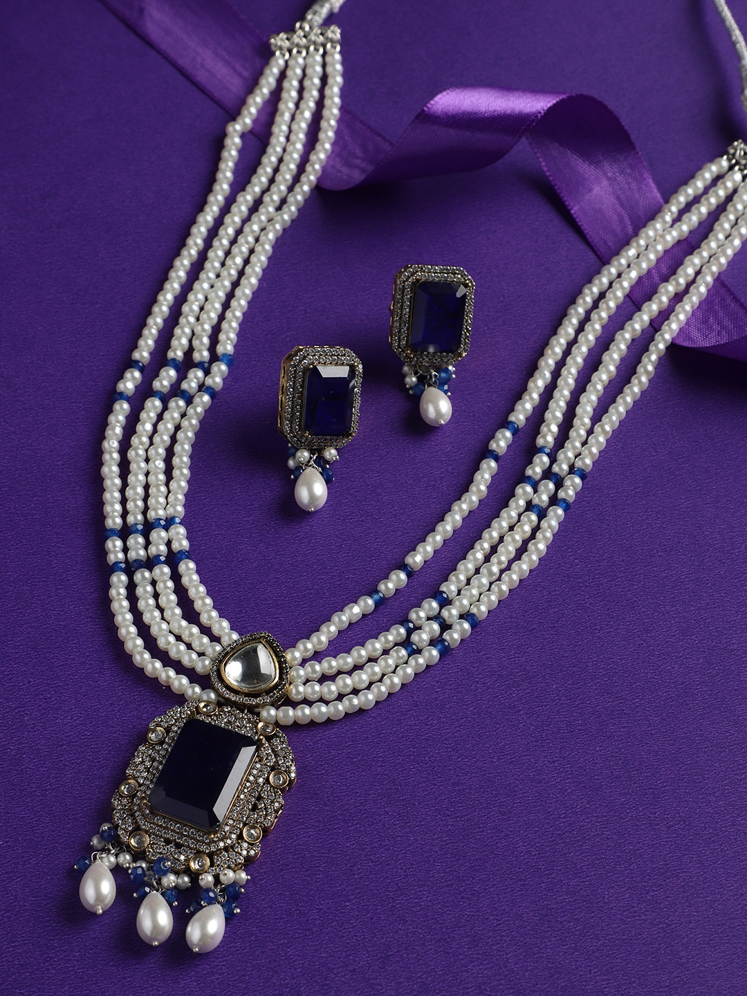 

justpeachy Rhodium-Plated Stone Studded & Beaded Jewellery Set, Silver