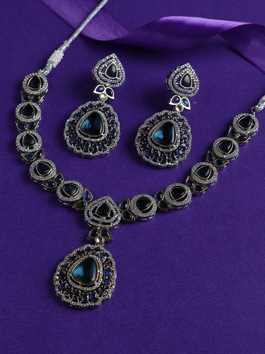 

justpeachy Rhodium-Plated Stone-Studded Jewellery Set, Silver