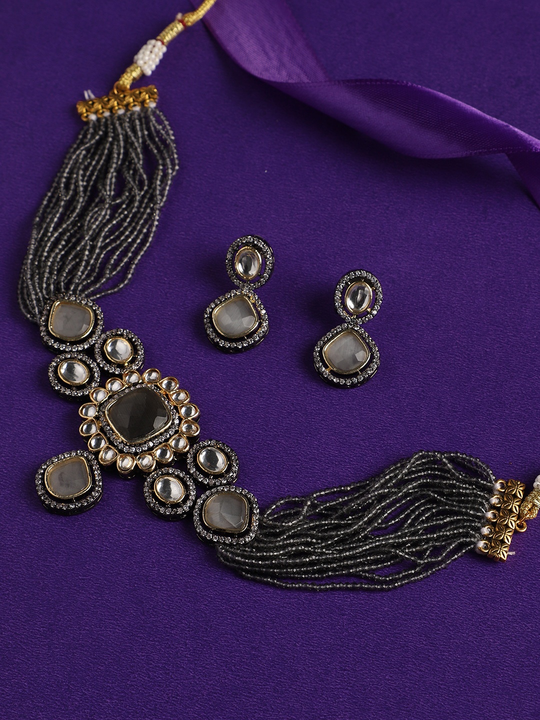 

justpeachy Rhodium-Plated Stone Studded & Beaded Jewellery Set, Silver