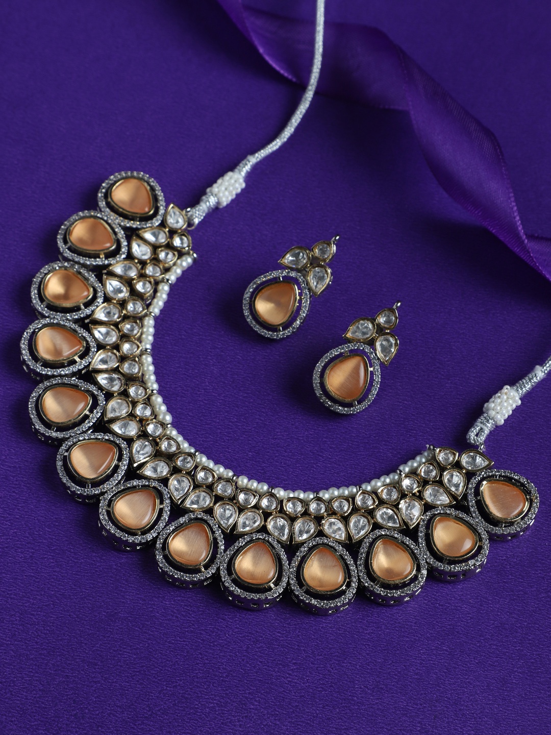 

justpeachy Rhodium-Plated American Diamond-Studded Jewellery Set, Silver