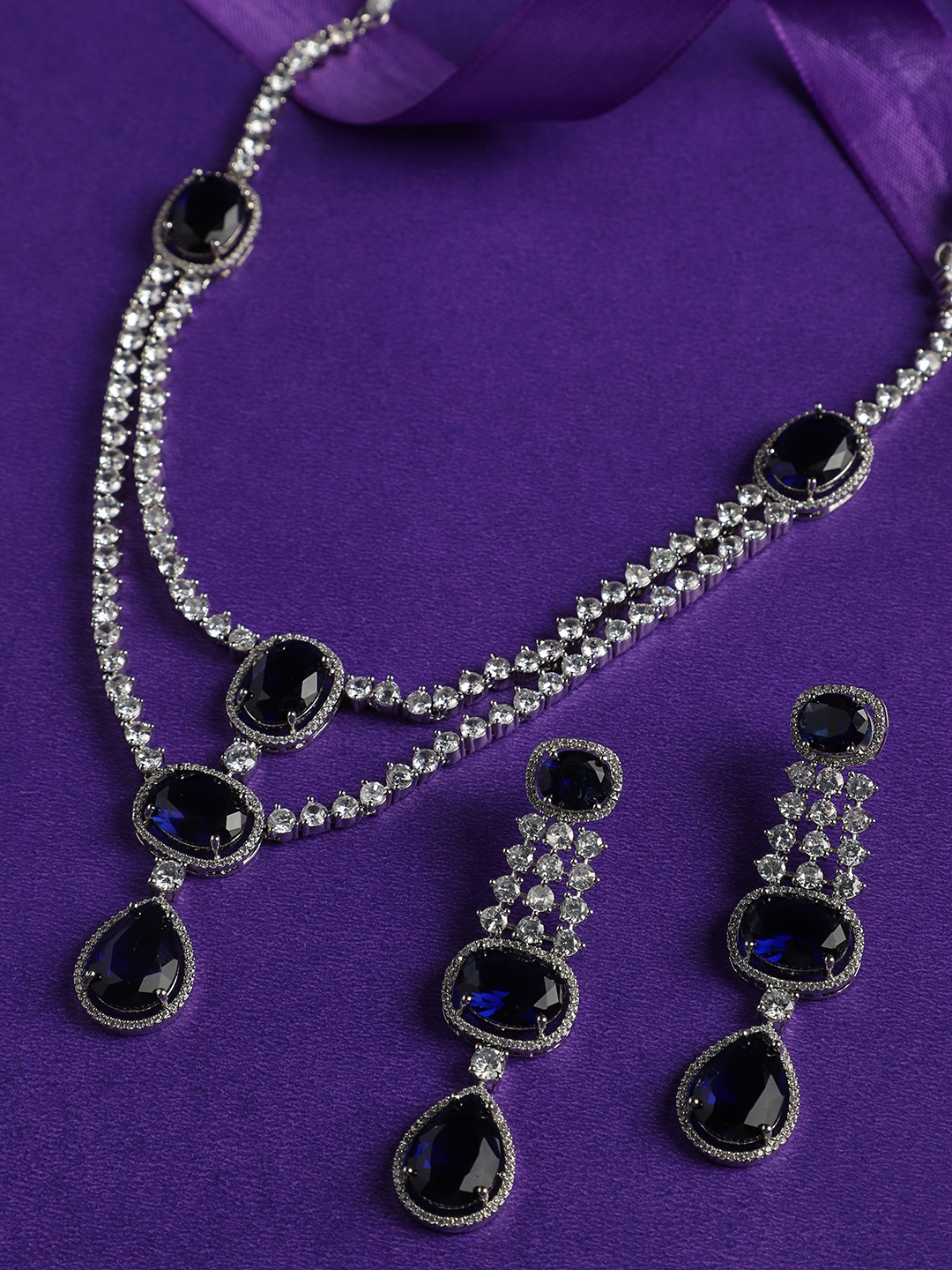 

justpeachy Rhodium-Plated Stone Studded Jewellery Set, Silver
