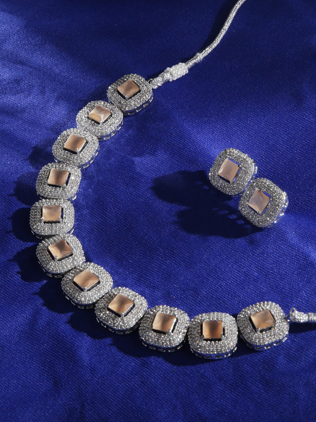 

justpeachy Rhodium-Plated Stone Studded Jewellery Set, Silver