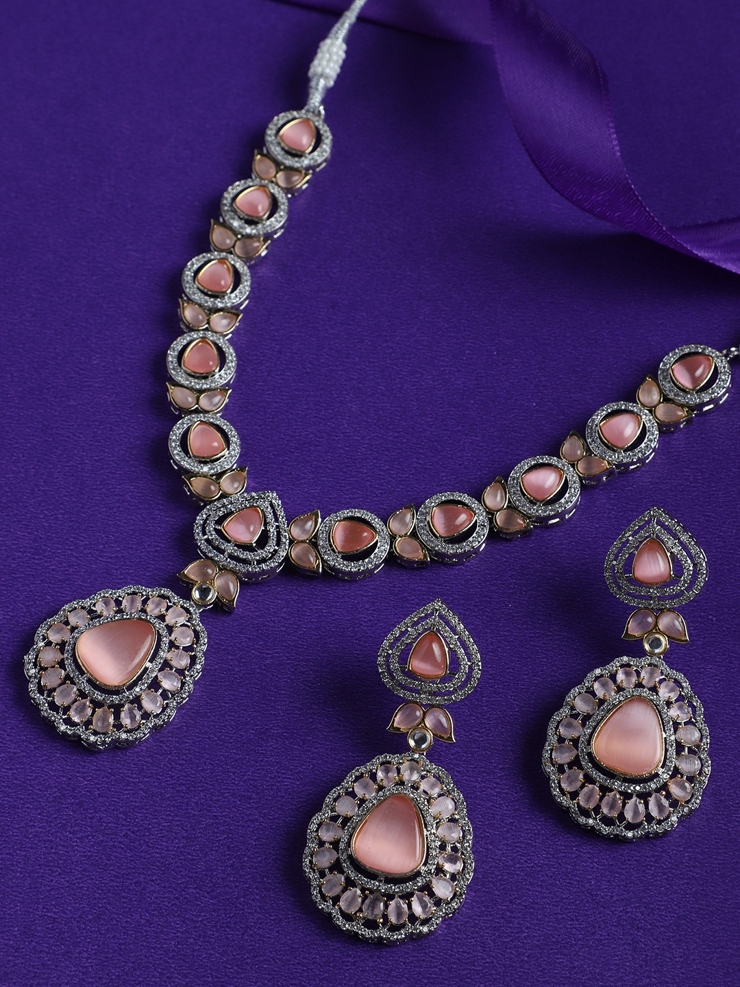 

justpeachy Rhodium-Plated Stone Studded Jewellery Set, Silver