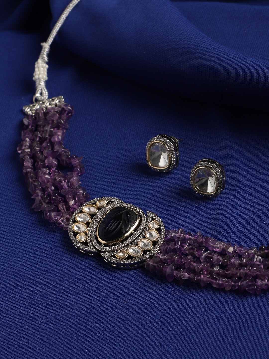 

justpeachy Rhodium-Plated Stone Studded & Beaded Jewellery Set, Silver