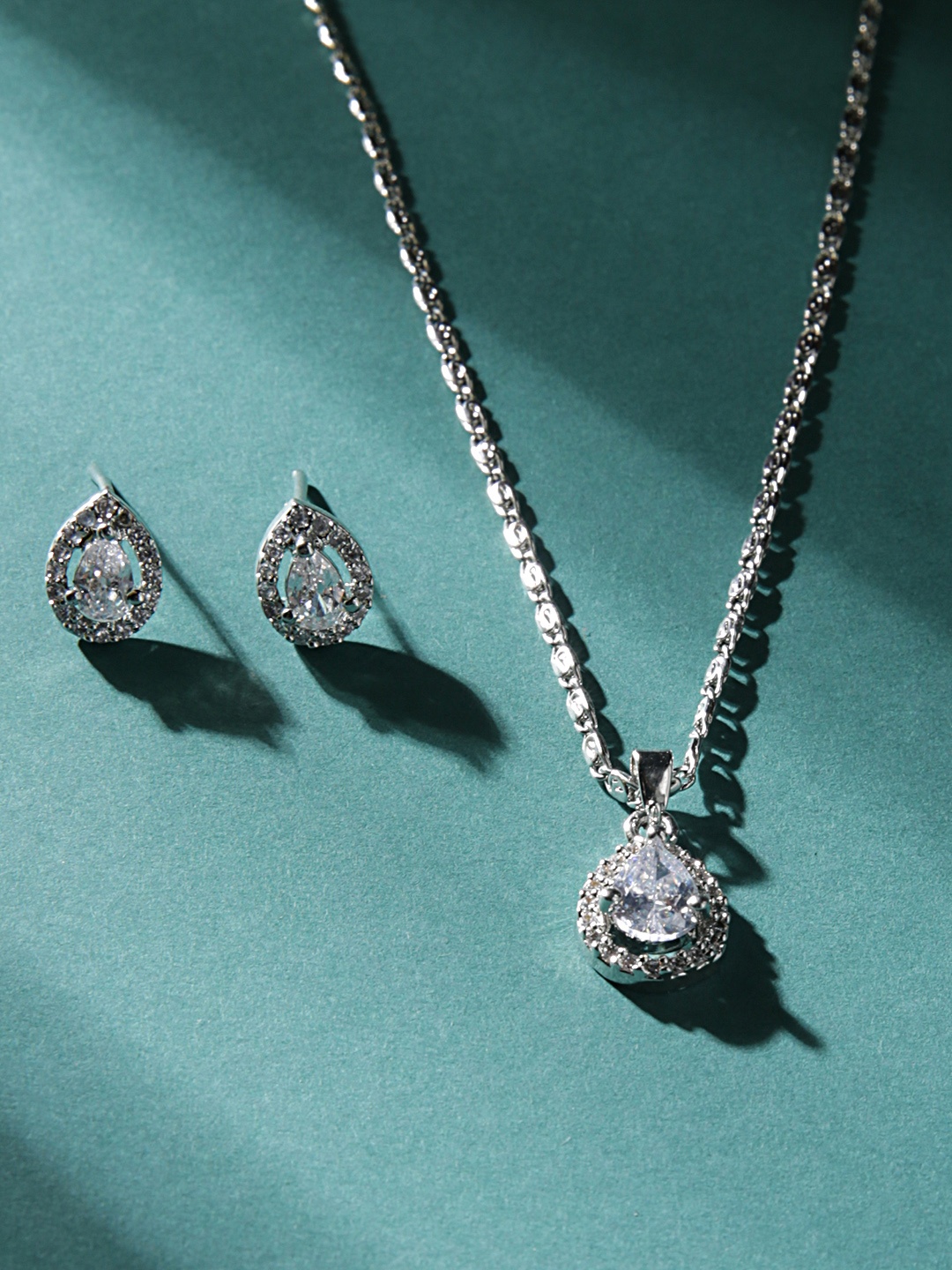 

justpeachy Rhodium-Plated Pendant With Earrings Set, Silver
