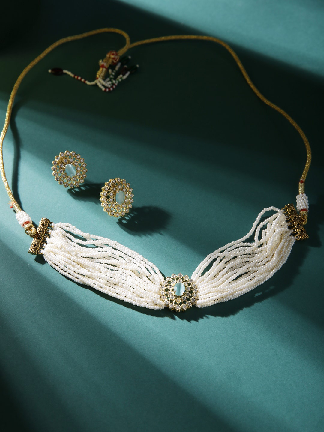 

justpeachy Gold-Plated Stone Studded & Beaded Jewellery Set