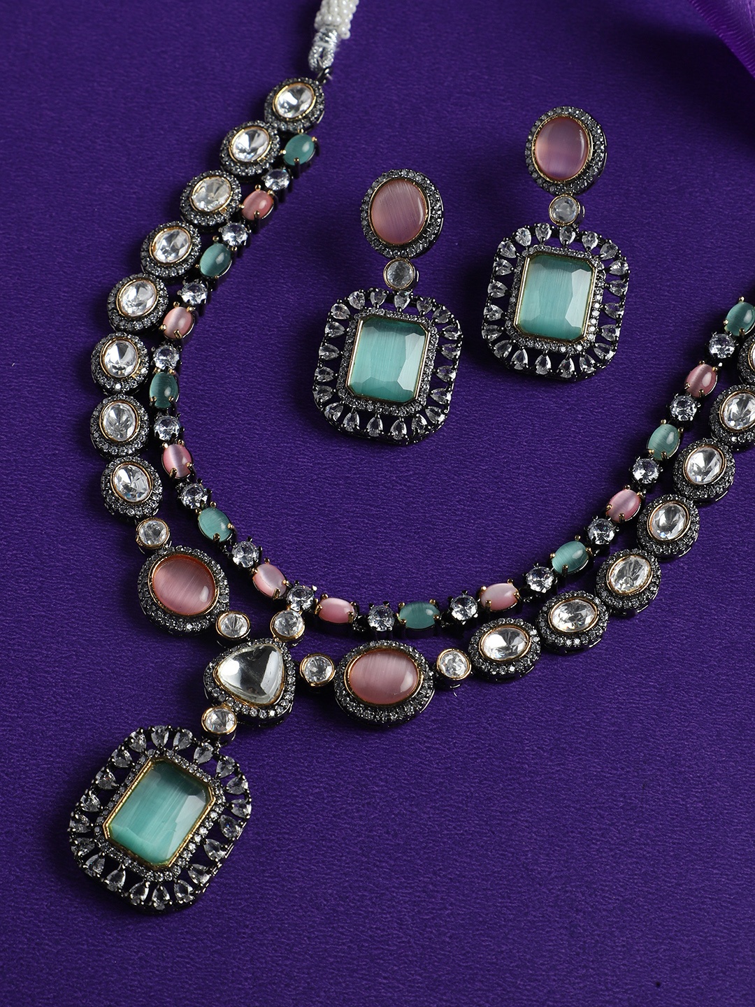 

justpeachy Rhodium-Plated Stone Studded Jewellery Set, Silver