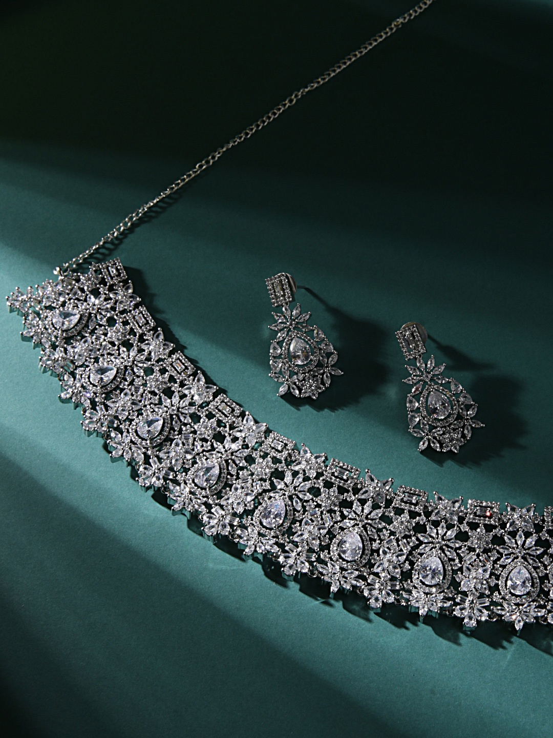 

justpeachy Rhodium-Plated Stone Studded Jewellery Set, Silver