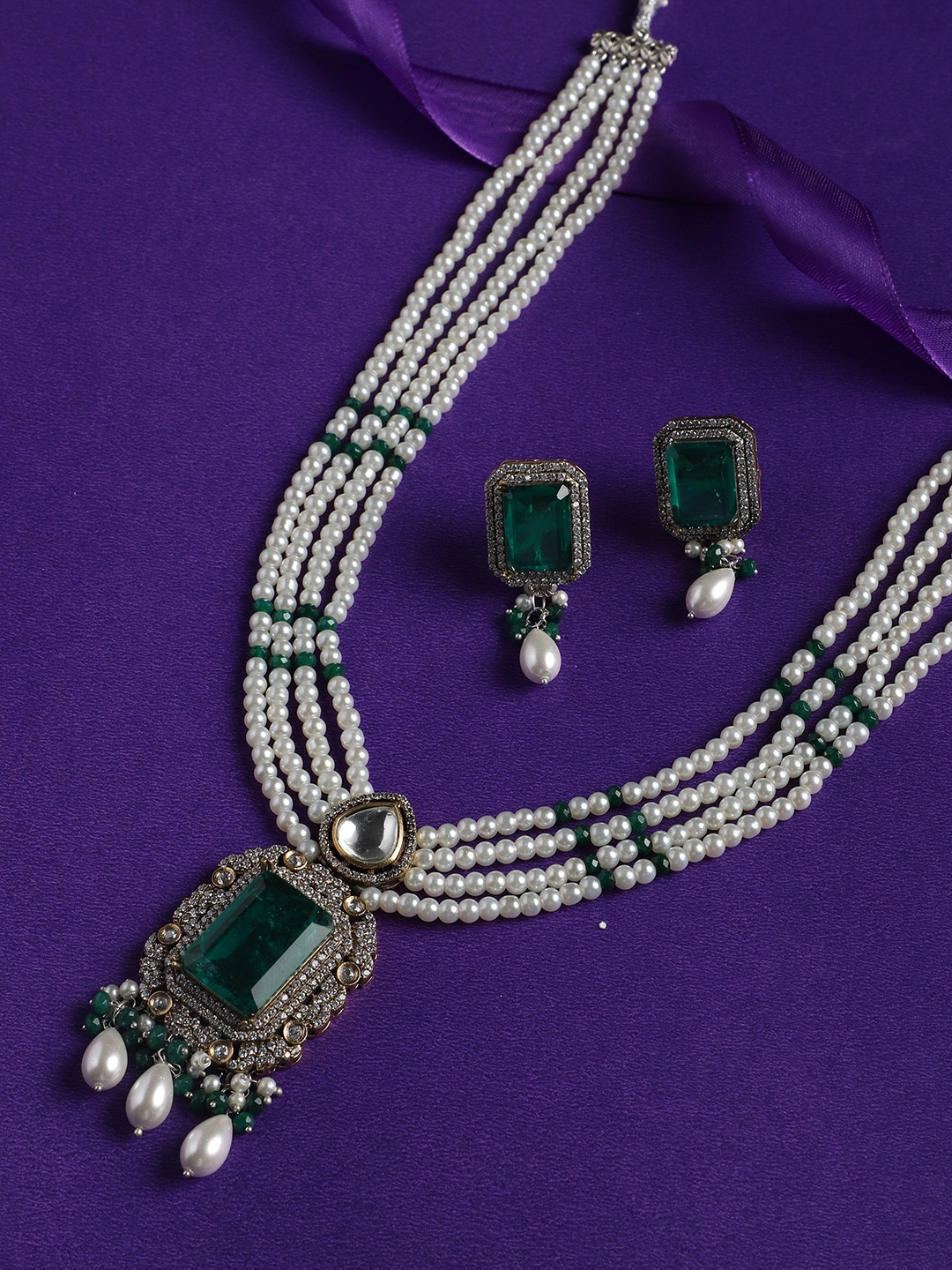 

justpeachy Rhodium-Plated Stone Studded & Beaded Jewellery Set, Silver