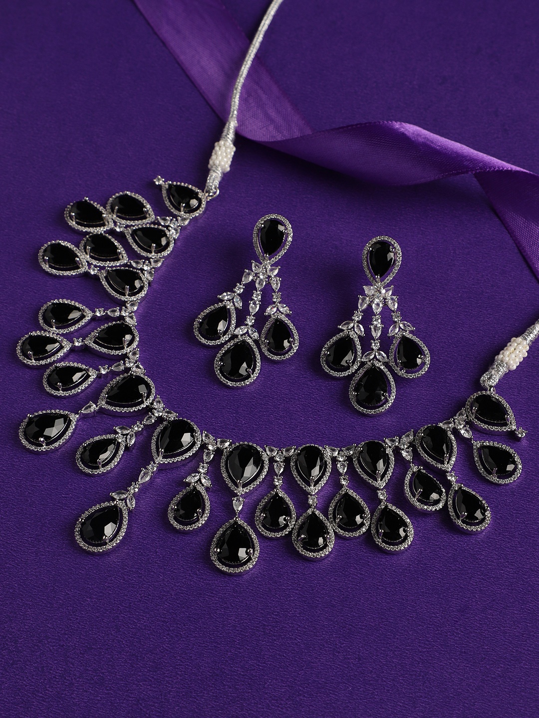 

justpeachy Rhodium-Plated Stone Studded Jewellery Set, Silver
