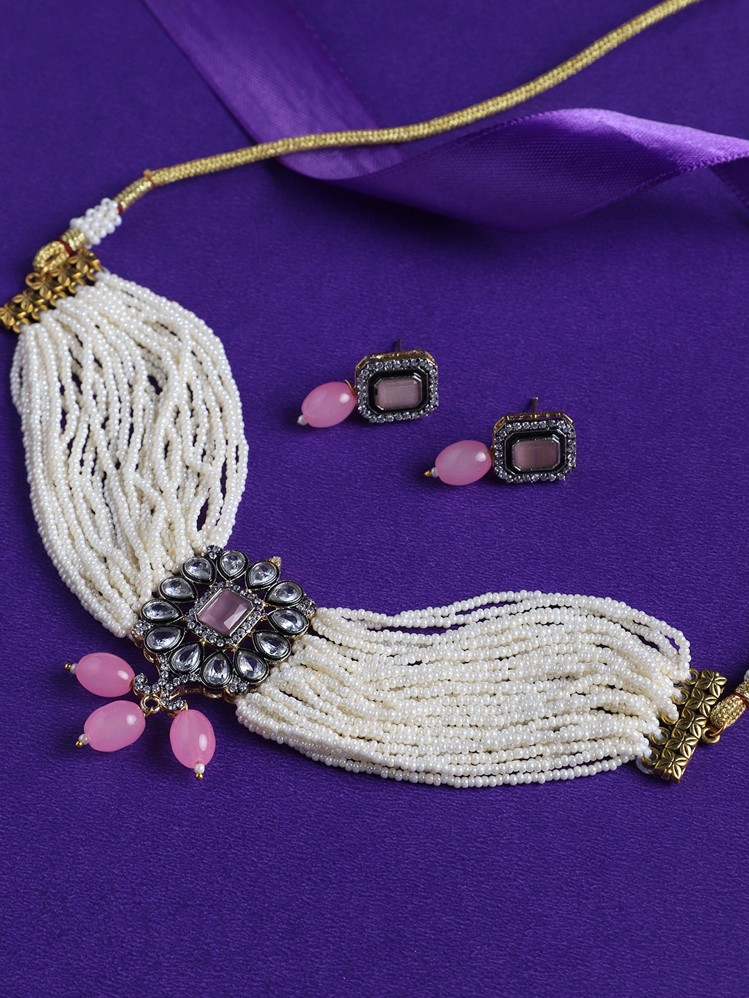 

justpeachy Rhodium-Plated Stone Studded & Beaded Jewellery Set, White