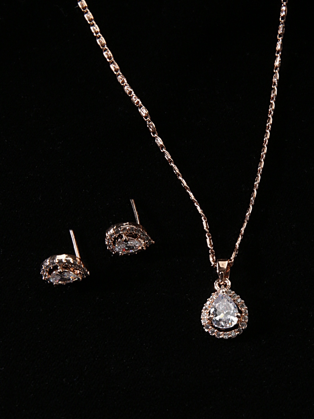 

justpeachy Rose Gold-Plated CZ Studded Pendant With Chain & Earrings