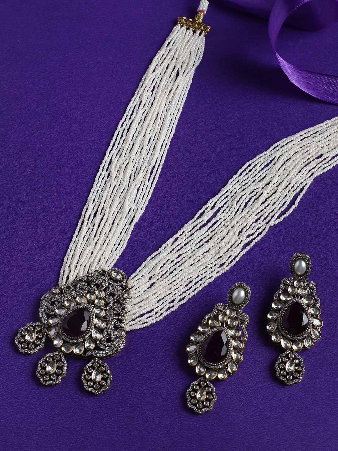 

justpeachy Rhodium-Plated Stone-Studded & Beaded Jewellery Set, Silver