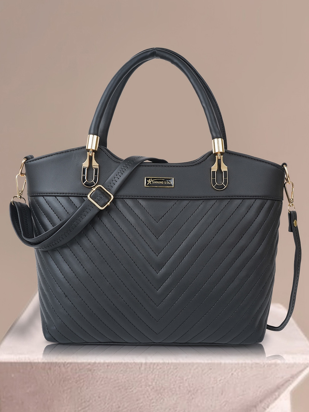 

SHINING STAR Textured Structured Handheld Bag, Black