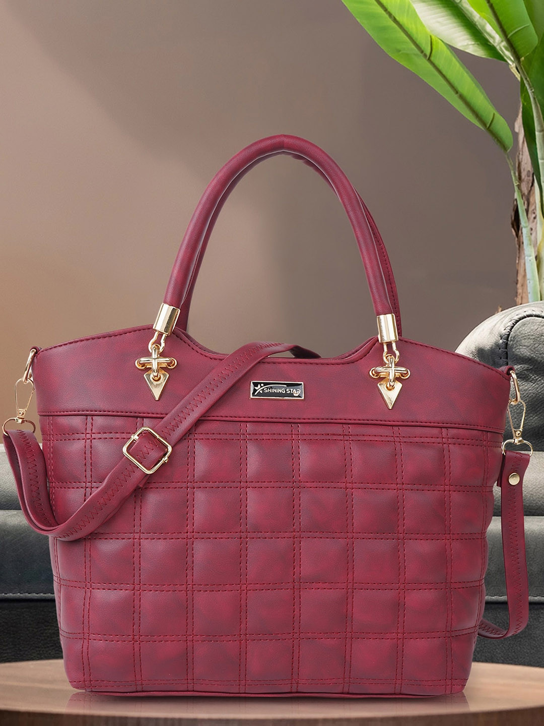 

SHINING STAR PU Structured Handheld Bag with Quilted, Maroon