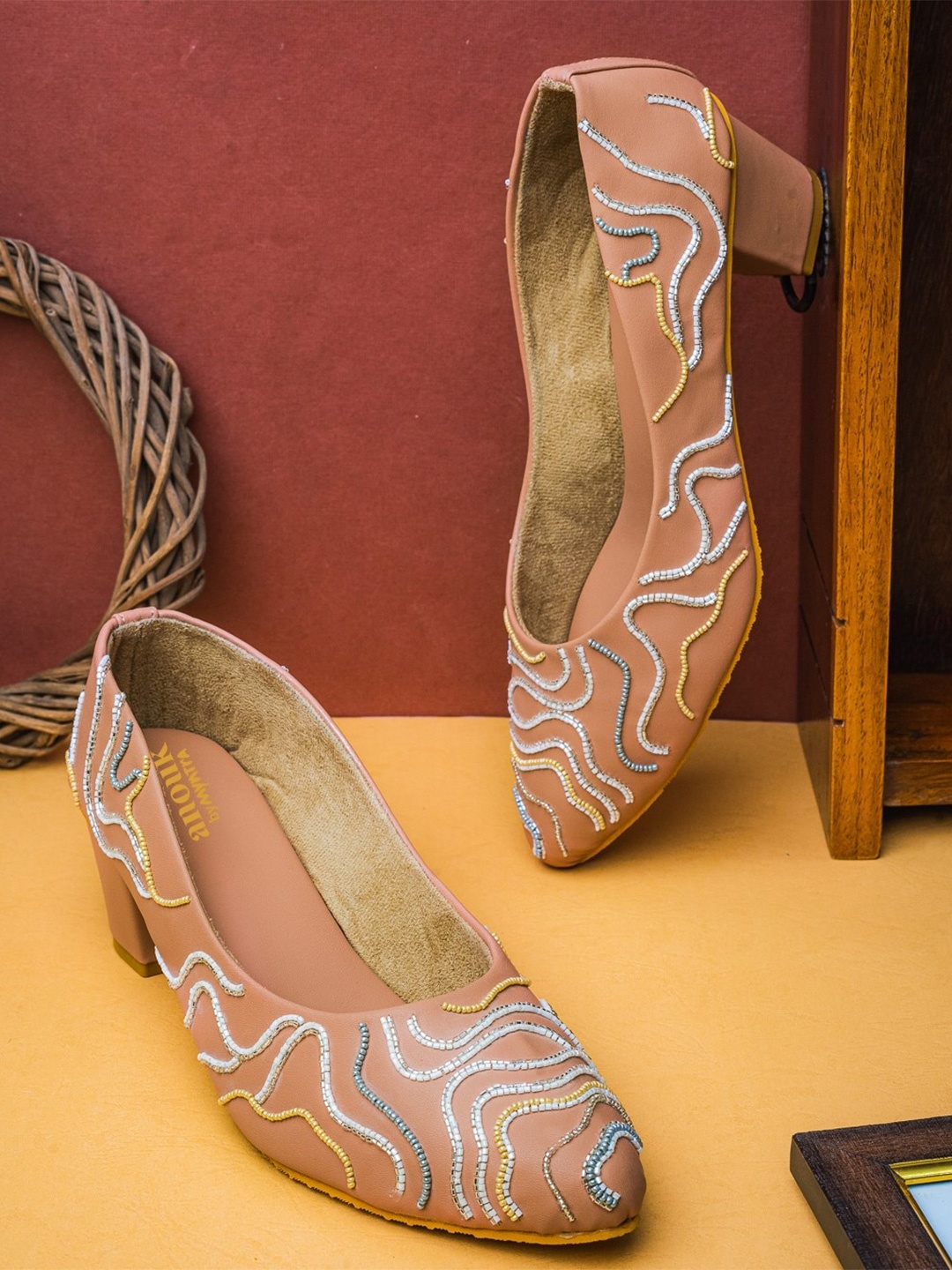 

Anouk Nude-Coloured Embellished Block Heel Pumps