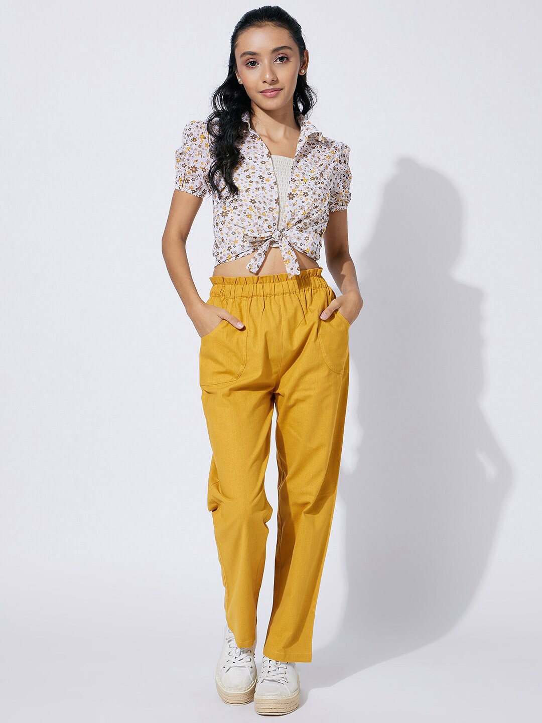 

luyk Girls Printed Shirt & Trousers With Crop Top, Yellow