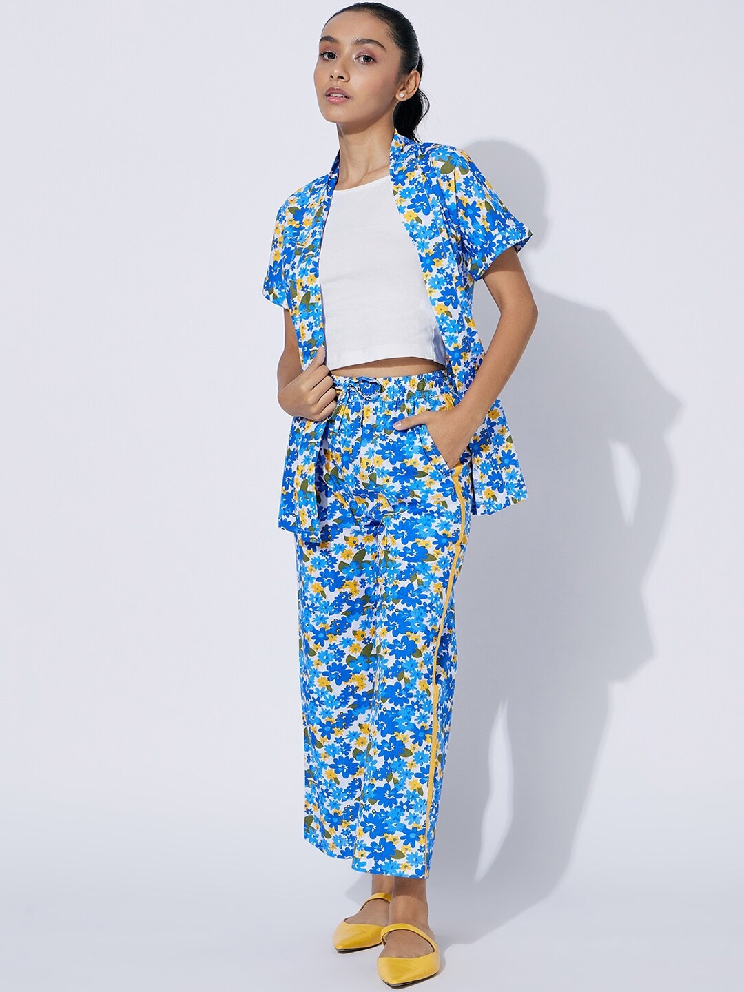 

luyk Girls Floral Printed Pure Cotton Top & Trousers With Shrug, Blue