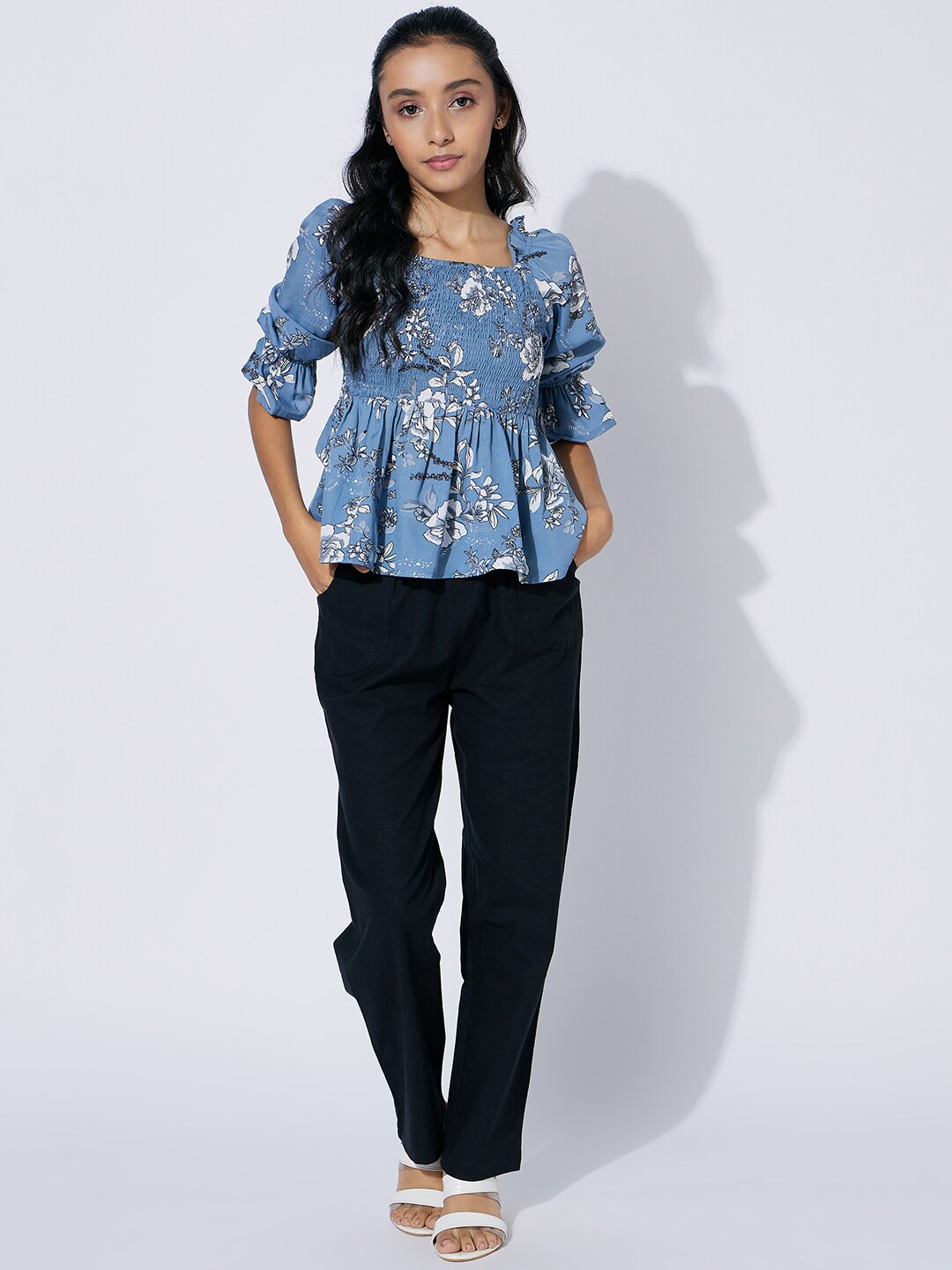 

luyk Girls Floral Printed Top With Trousers, Blue