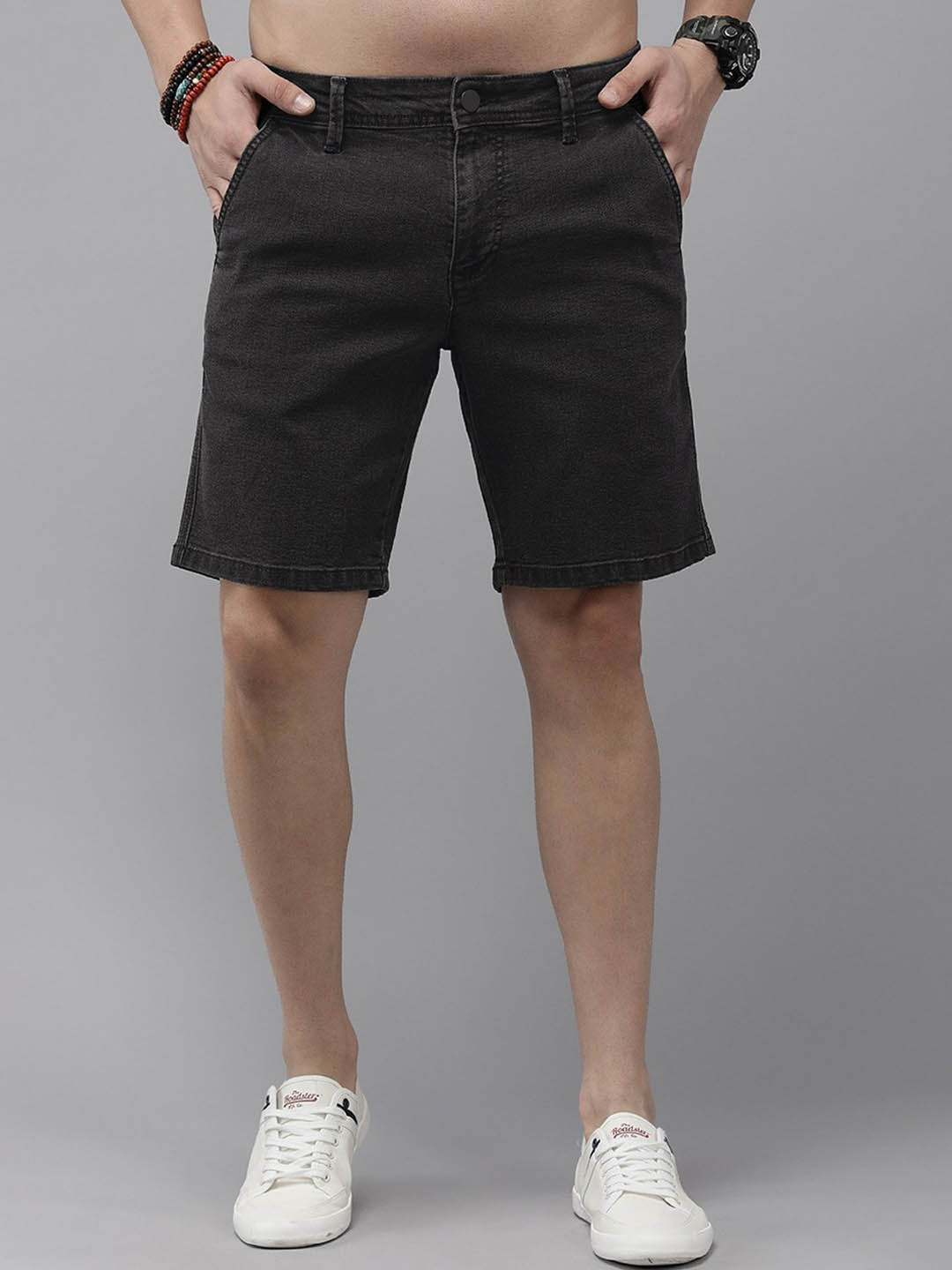 

Roadster Men Charcoal Mid-Rise Slim-Fit Denim Shorts