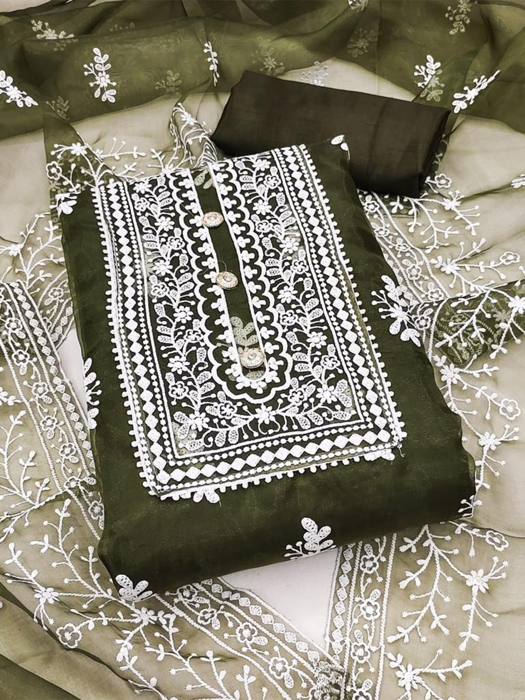 

MORLY Embroidered Organza Unstitched Dress Material, Olive