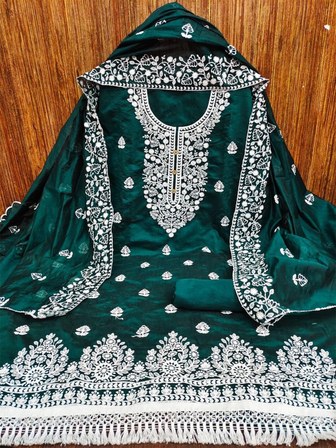 

MORLY Floral Embroidered Organza Unstitched Dress Material, Teal