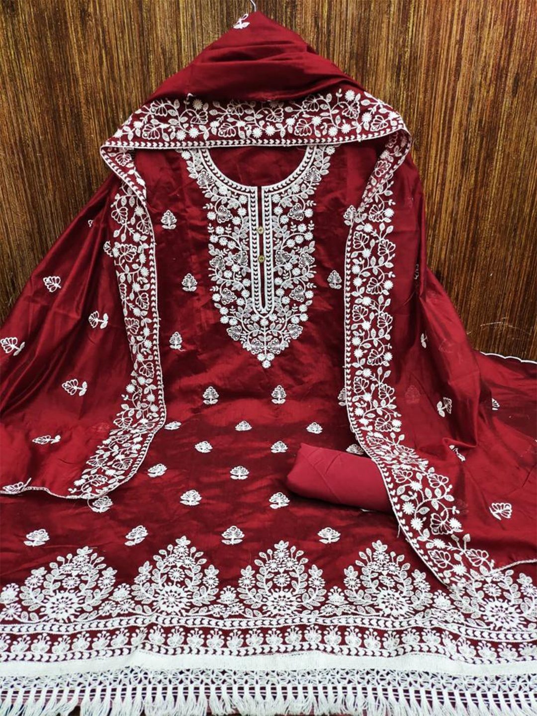 

MORLY Floral Embroidered Organza Unstitched Dress Material, Maroon