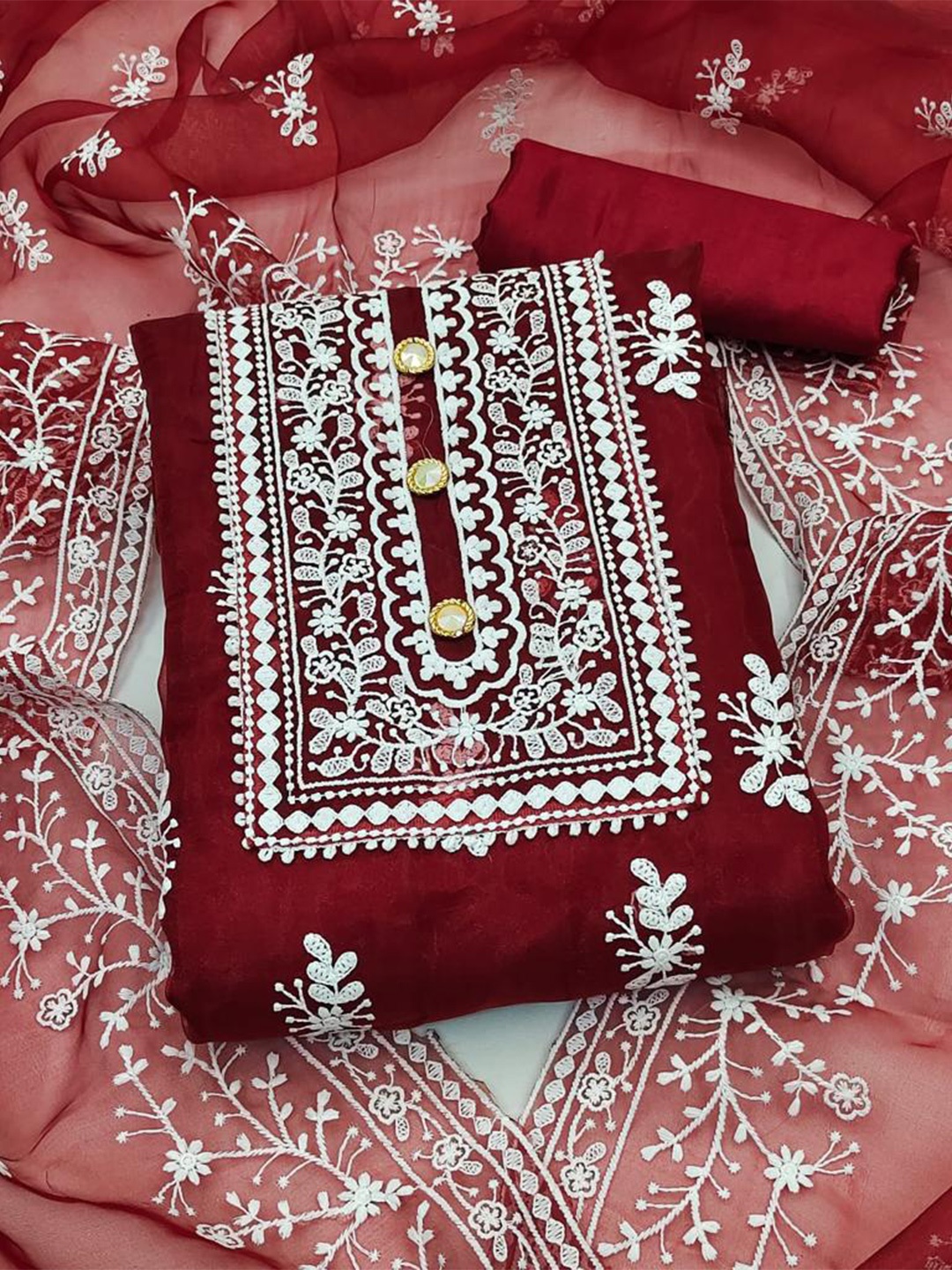

MORLY Embroidered Organza Unstitched Dress Material, Maroon