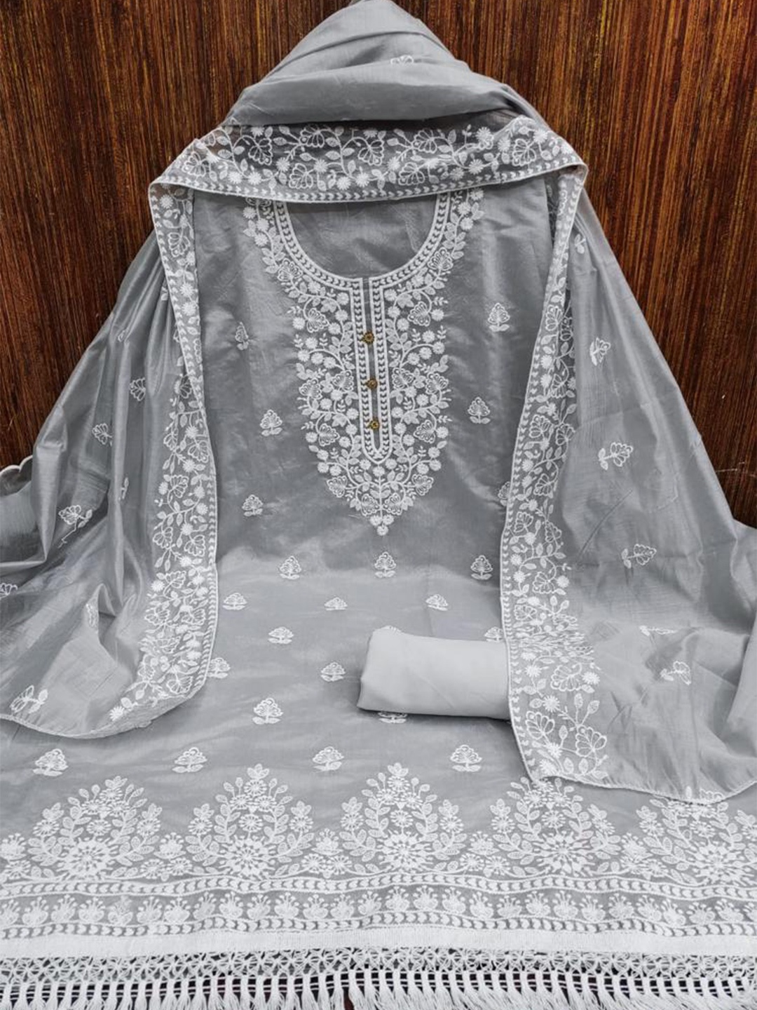 

MORLY Embroidered Organza Unstitched Dress Material, Grey
