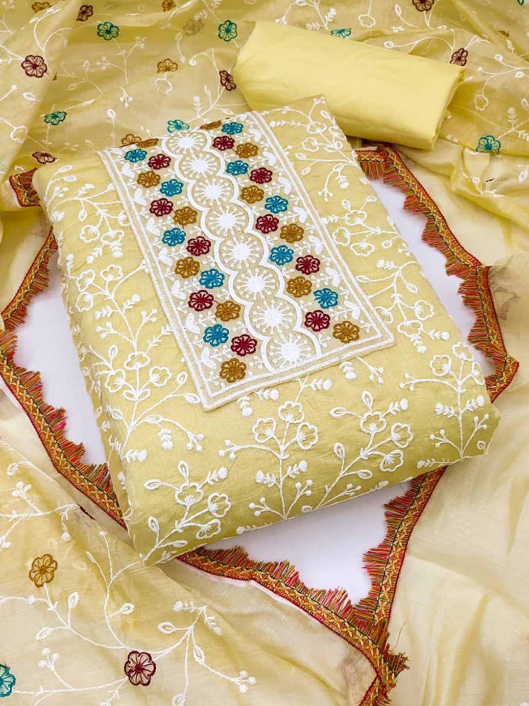 

MORLY Embroidered Unstitched Dress Material, Yellow