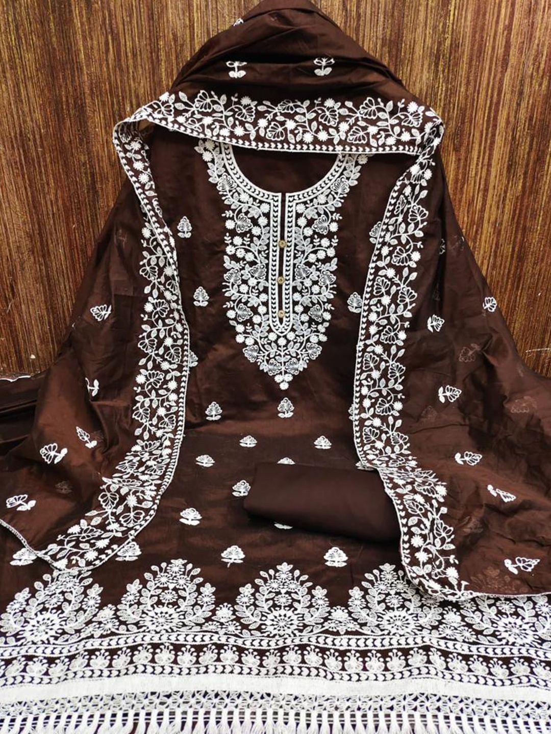 

MORLY Embroidered Organza Unstitched Dress Material, Brown