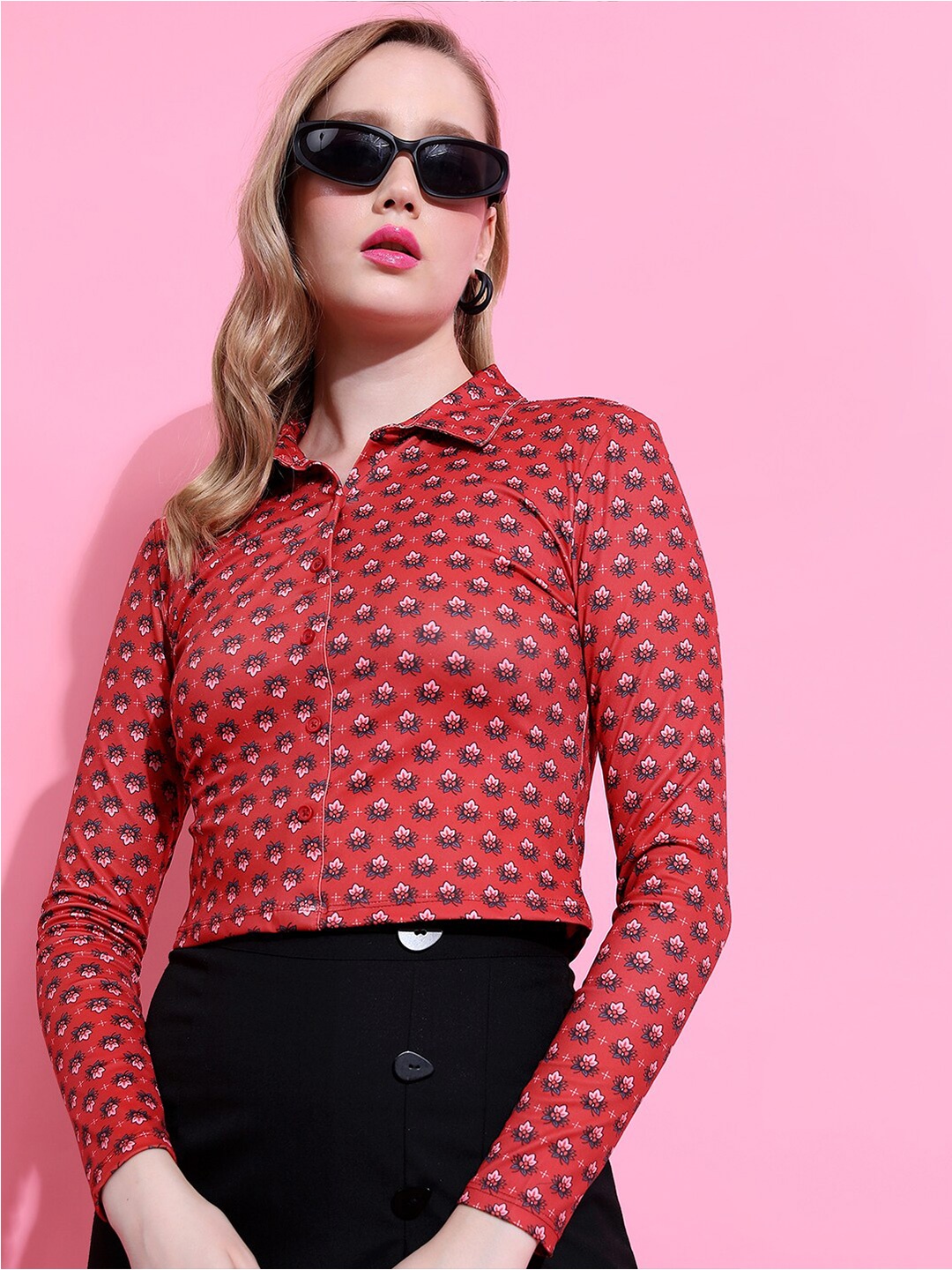 

Tokyo Talkies Floral Printed Spread Collar Crop Shirt, Red