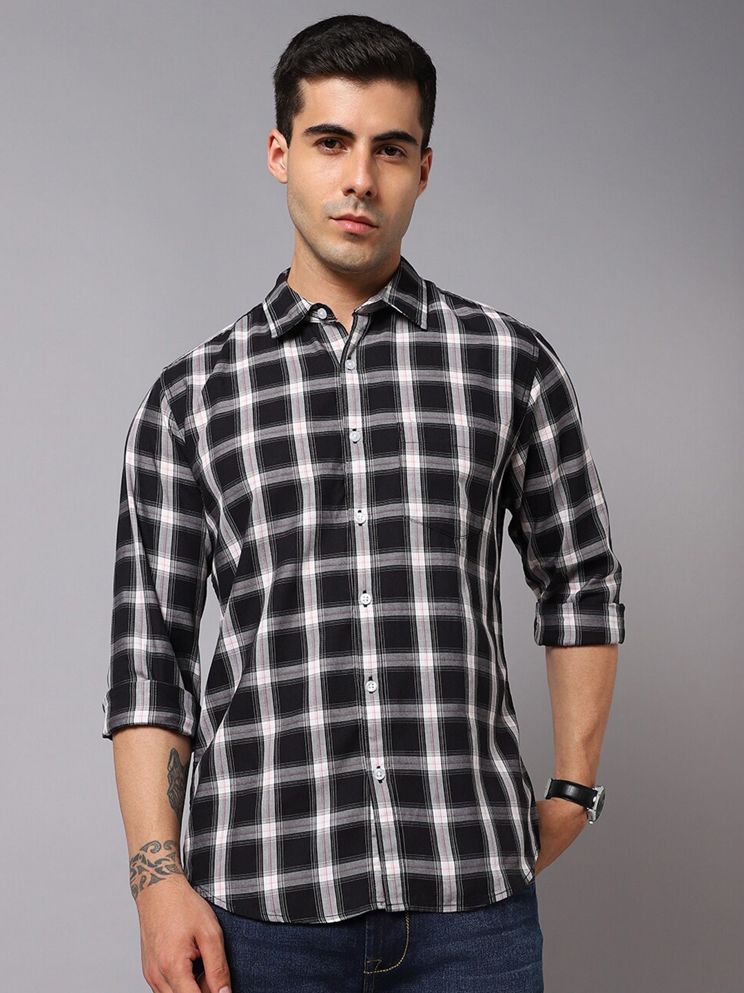

High Star Buffalo Checks Opaque Pure Cotton Casual Shirt, Black