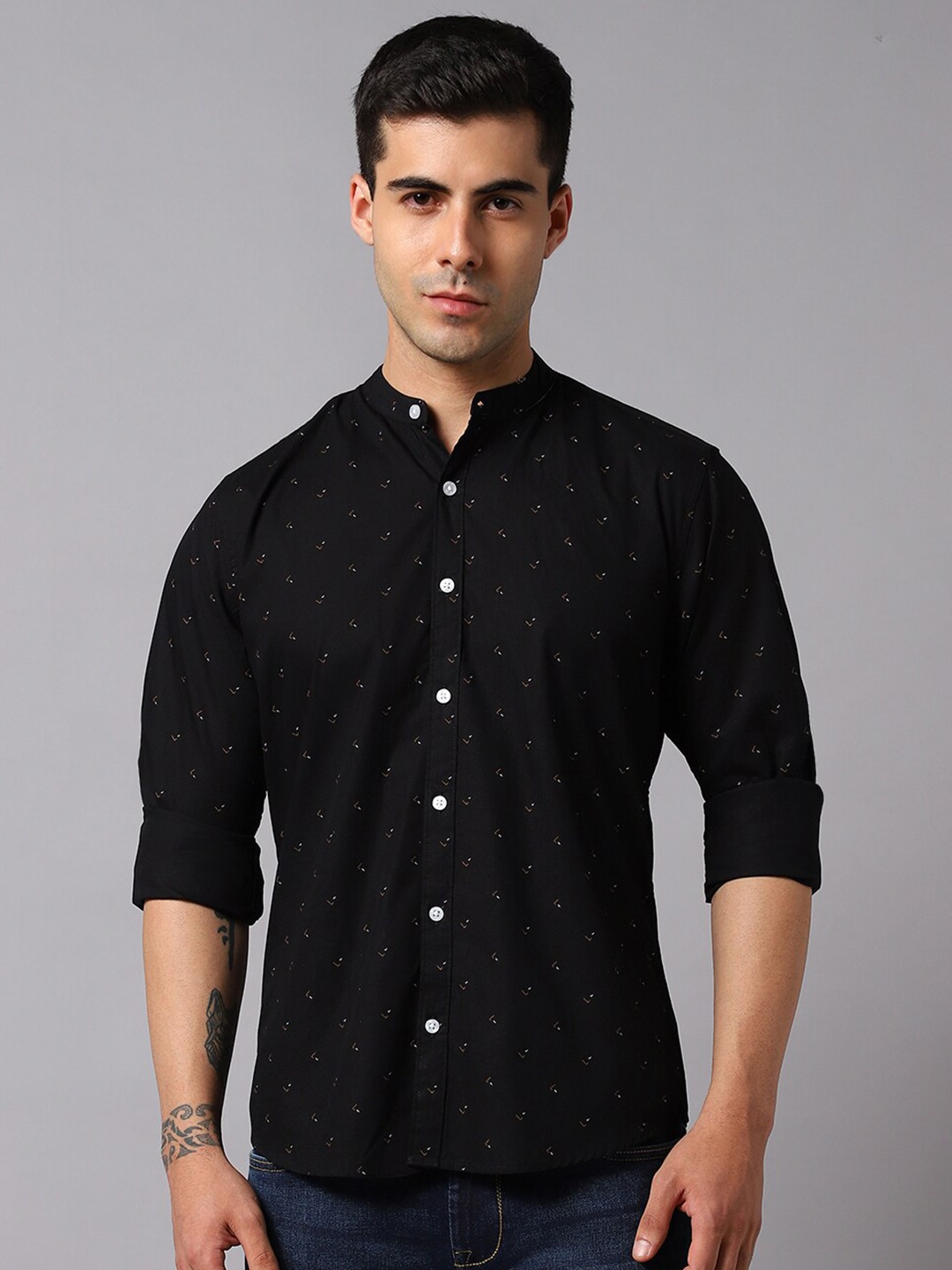 

High Star Printed Floral Band Collar Opaque Pure Cotton Casual Shirt, Black