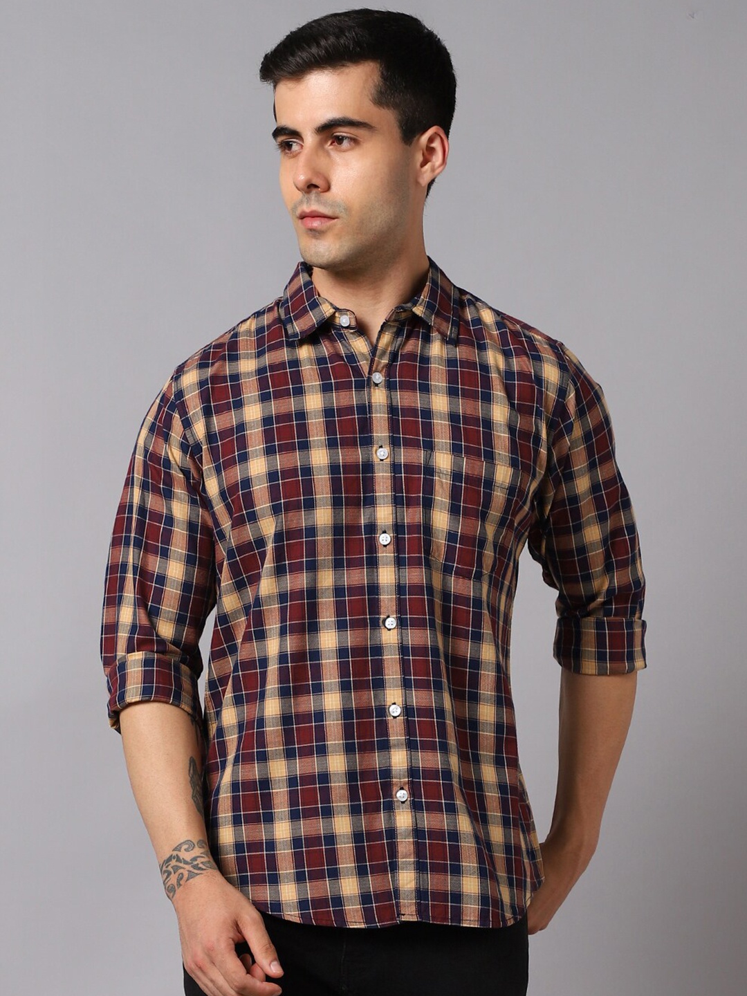 

High Star Men Tartan Checked Pure Cotton Casual Shirt, Maroon