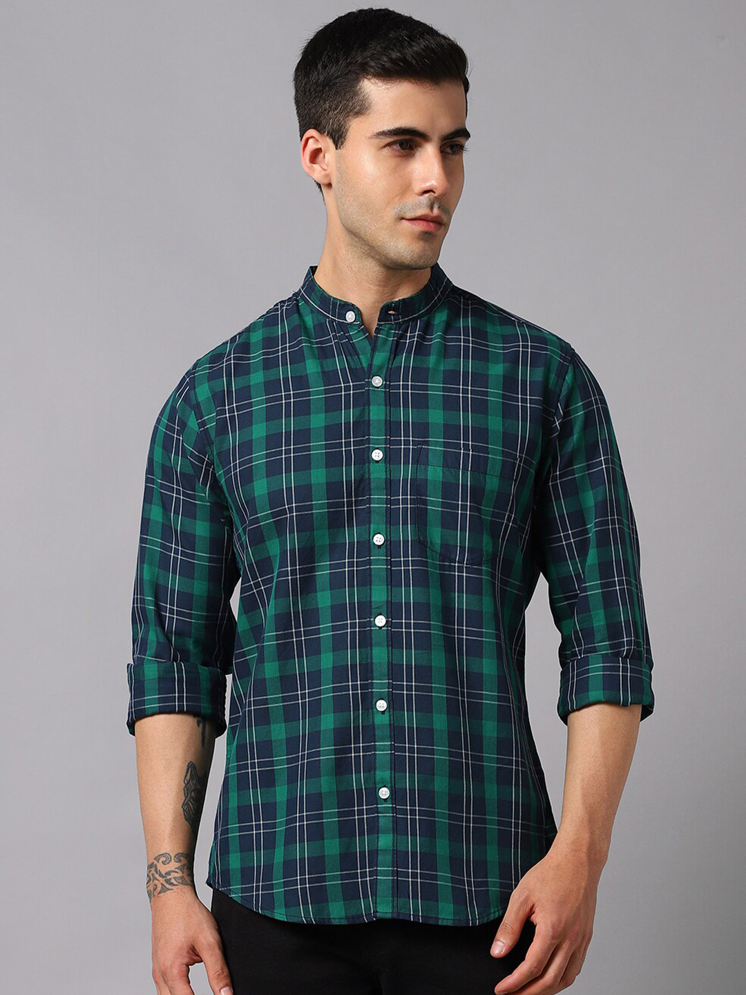 

High Star Men Tartan Checks Opaque Checked Pure Cotton Casual Shirt, Green