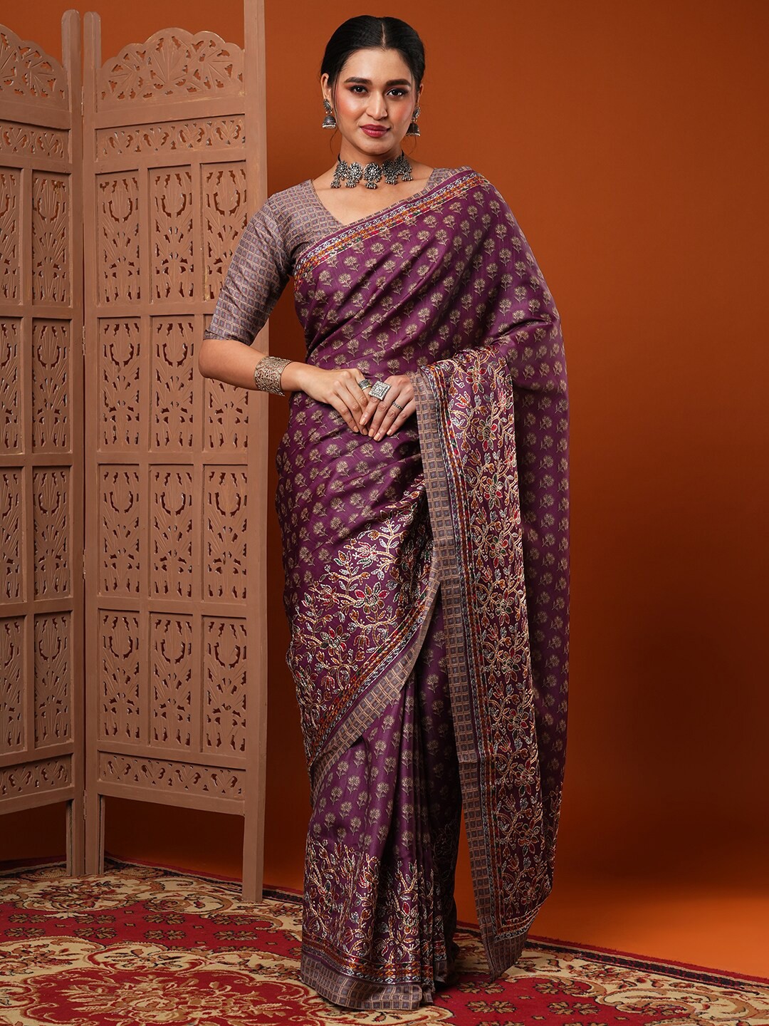 

Anouk Ethnic Motifs Printed Embroidered Dola Silk Saree, Violet