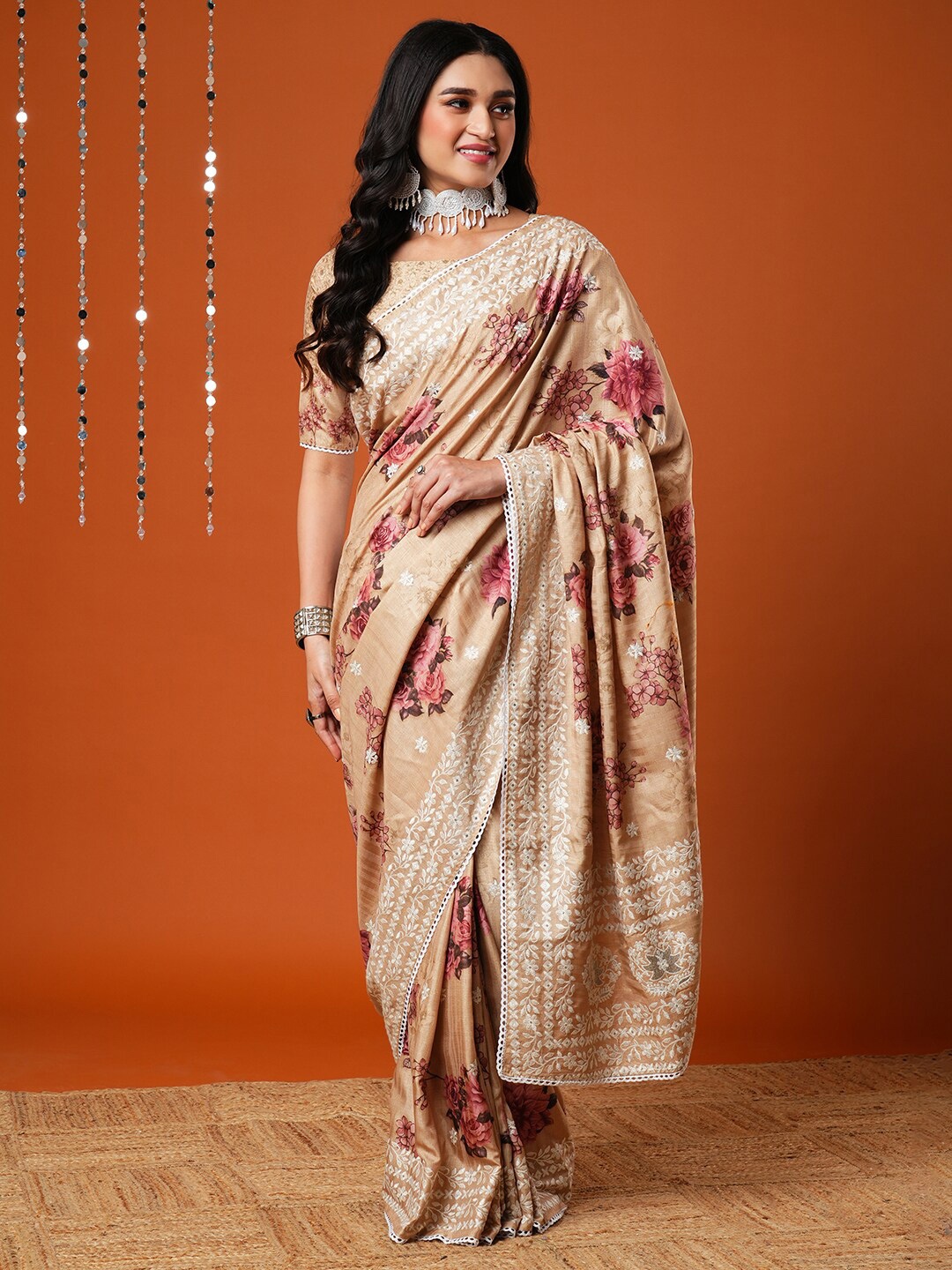 

Anouk Cream-Coloured Floral Printed Embroidered Saree