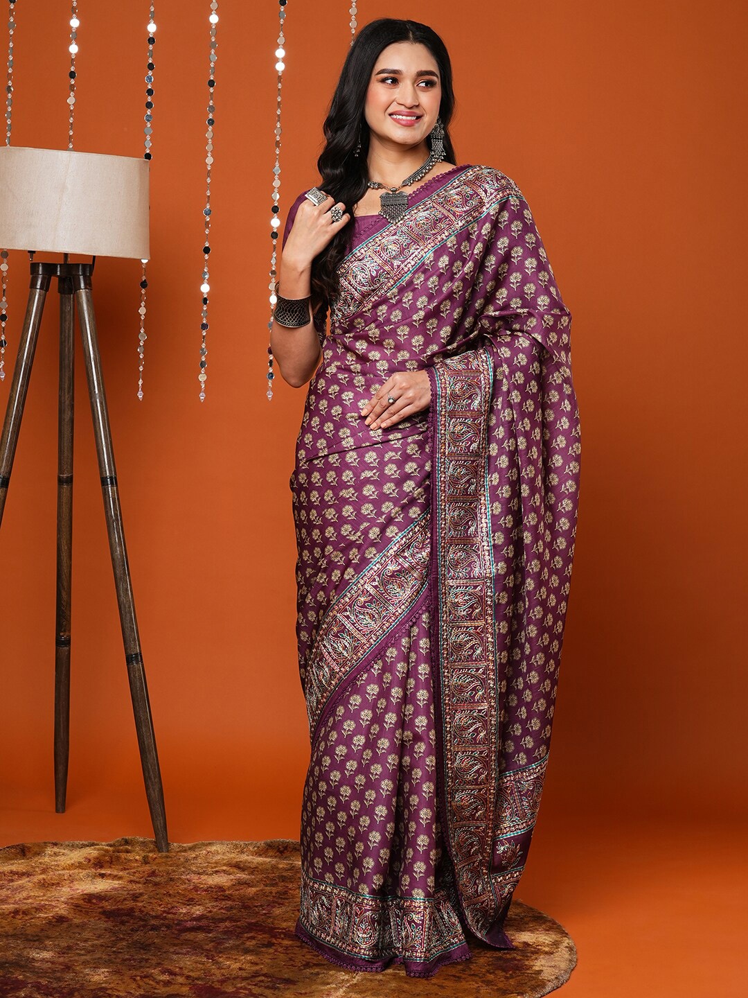 

Anouk Purple & Gold-Toned Ethnic Motifs Printed Embroidered Dola Silk Saree