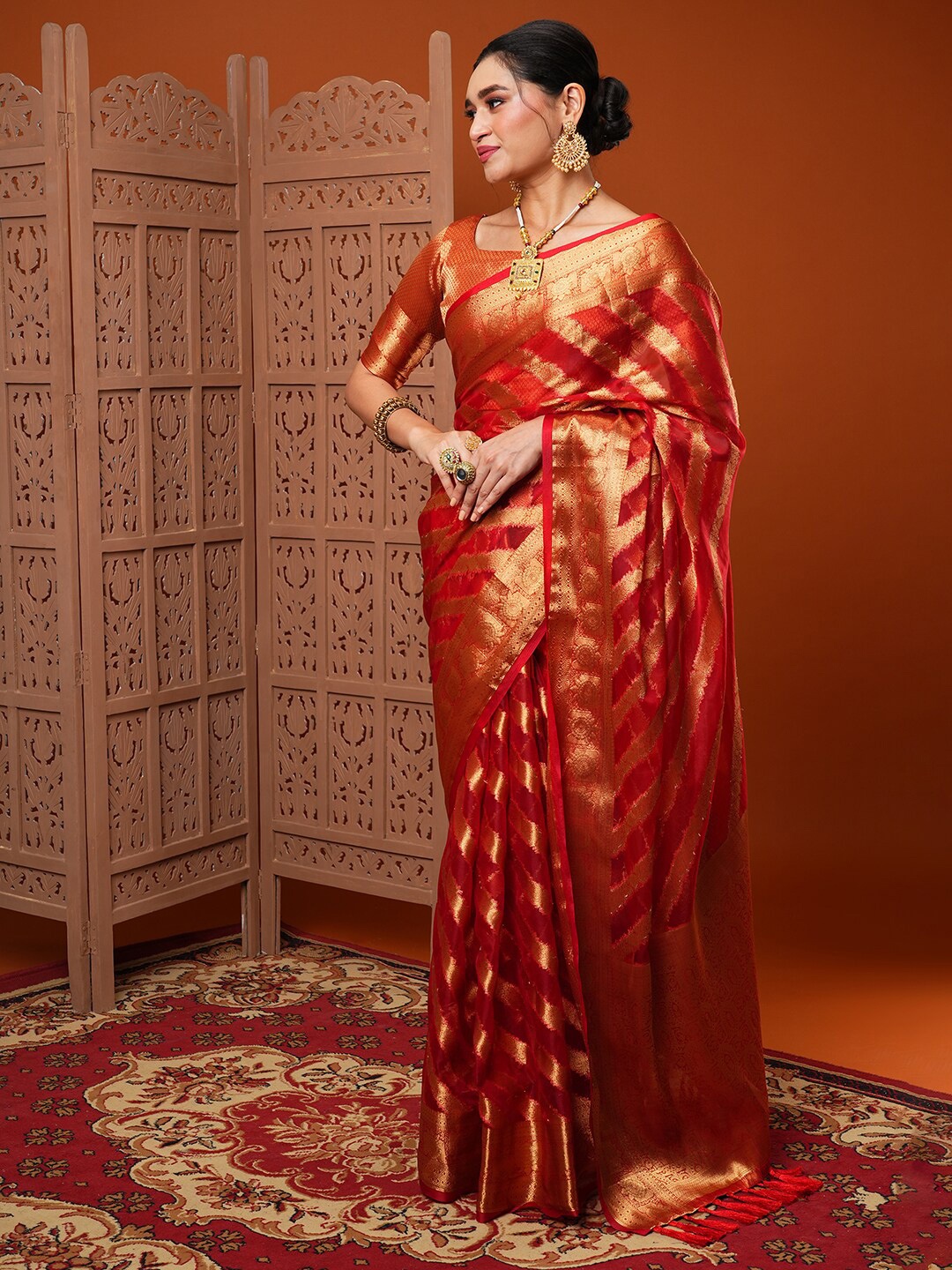 

Anouk Red & Gold-Toned Ethnic Motifs Woven Design Organza Banarasi Saree, Orange